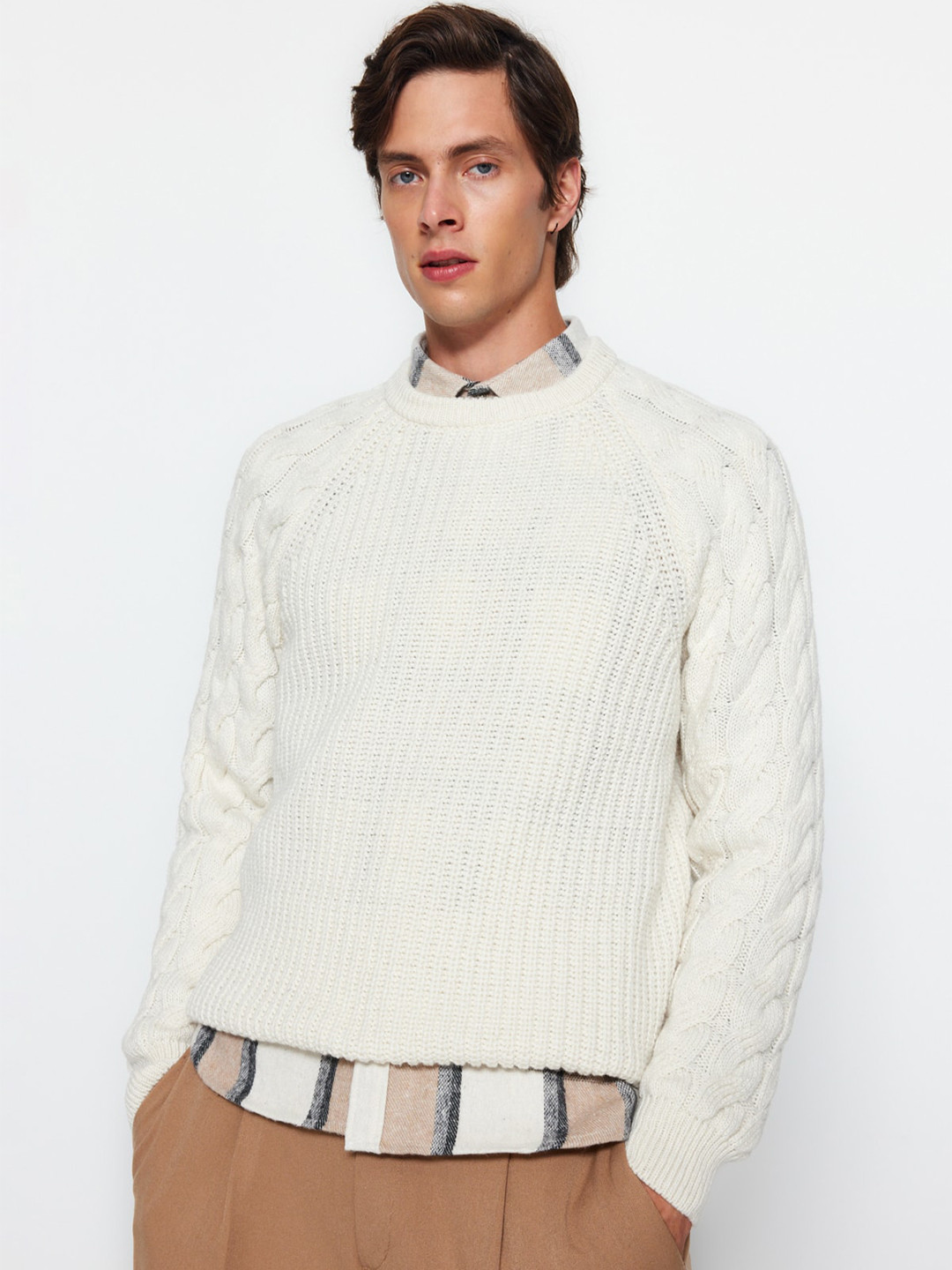 Trendyol Unisex Cable Knit Pullover Self Design Round neck Sweater