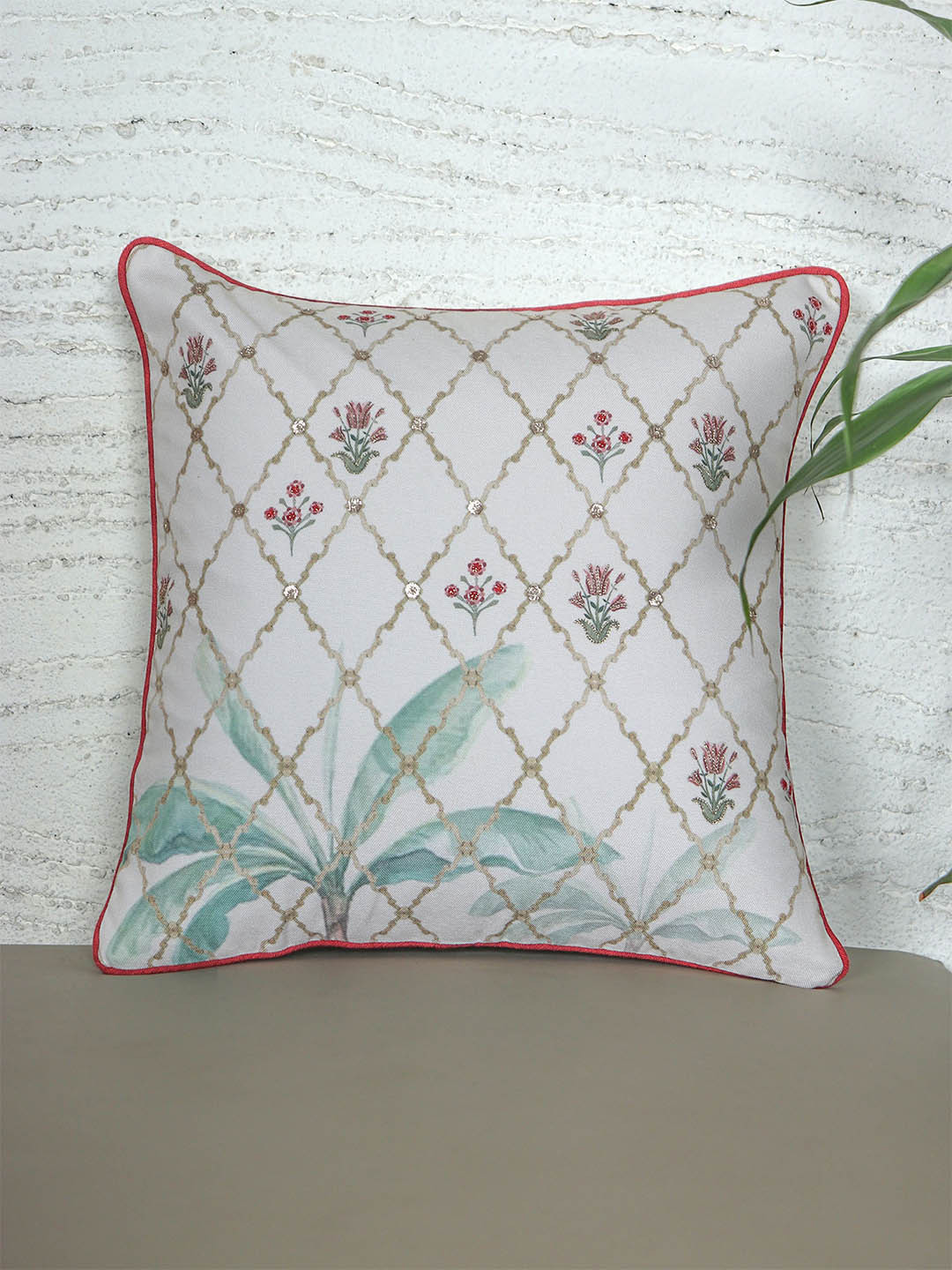ZEBA Off White & Pink Embroidered Square Cushion Cover