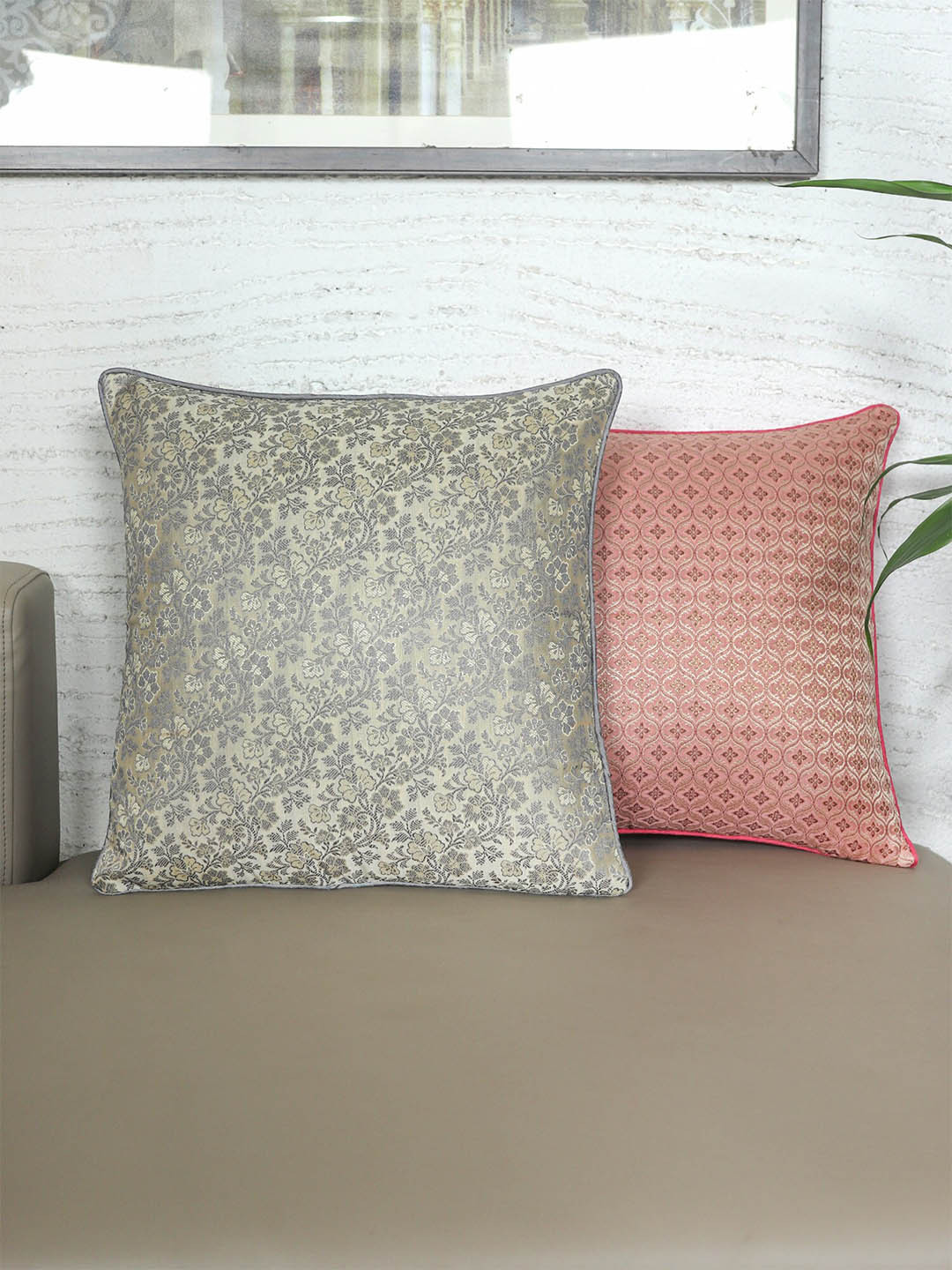 ZEBA Grey Ethnic Motifs Brocade Durable 2 Zari Square Cushion Covers -16x16In
