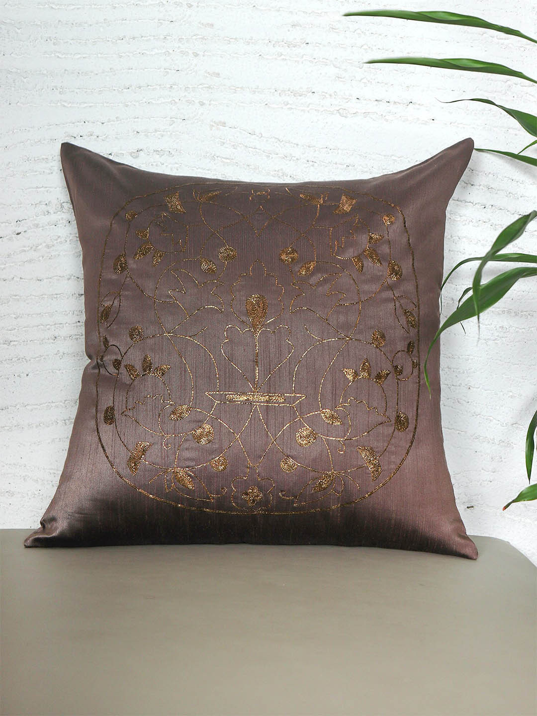 ZEBA Brown Embroidered Polyester Washable Square Cushion Cover - 20 x 20 Inches