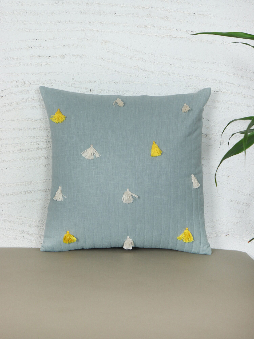 ZEBA Tassels Blue Polyester Lightweight Textured Square Cushion Covers - 16 x 16 In