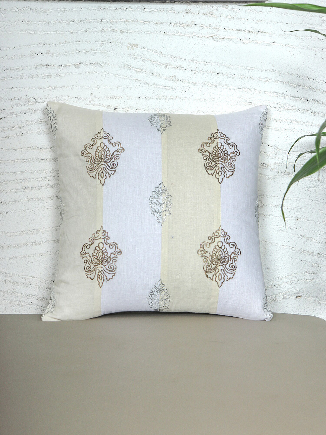 ZEBA Off White & Beige Embroidered Cotton Square Cushion Cover