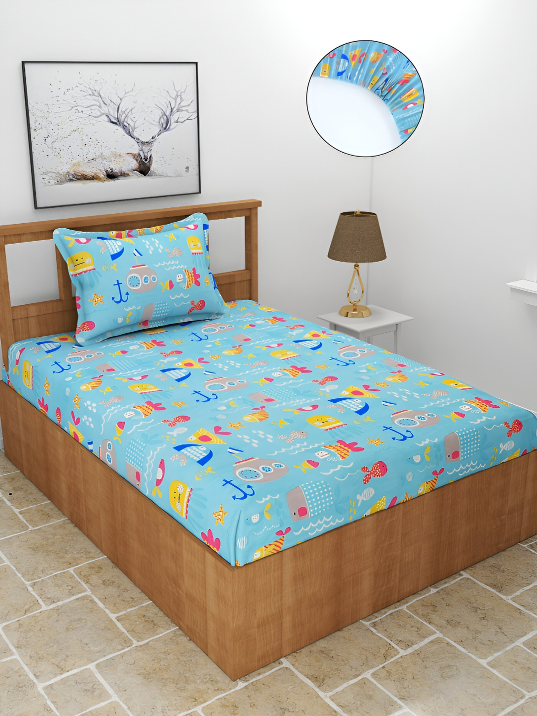 BREVARD Kidze Blue Conversational Polycotton 210 TC Fitted Single Fine Bedsheet with a Pillow Cover-182 x 91 x 200 cm