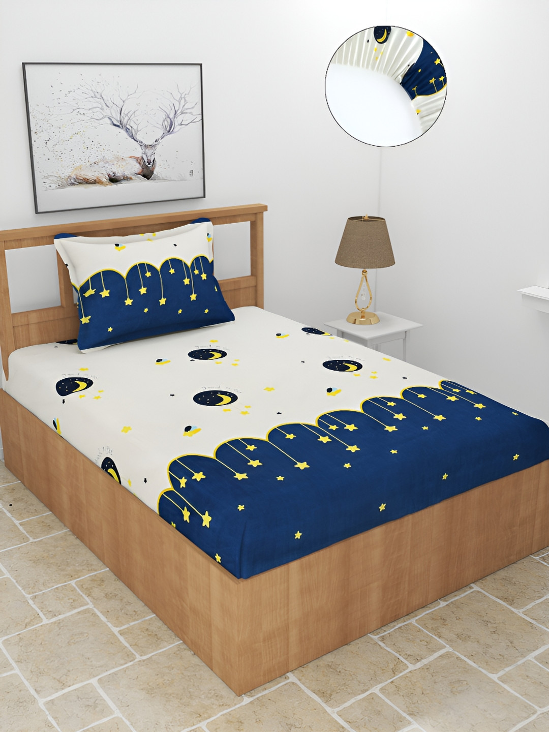 BREVARD Fitted_Kidze Navy Blue Geometric Polycotton 210 TC Fitted Single Fine Bedsheet with a Pillow Cover-72 x 36 inches