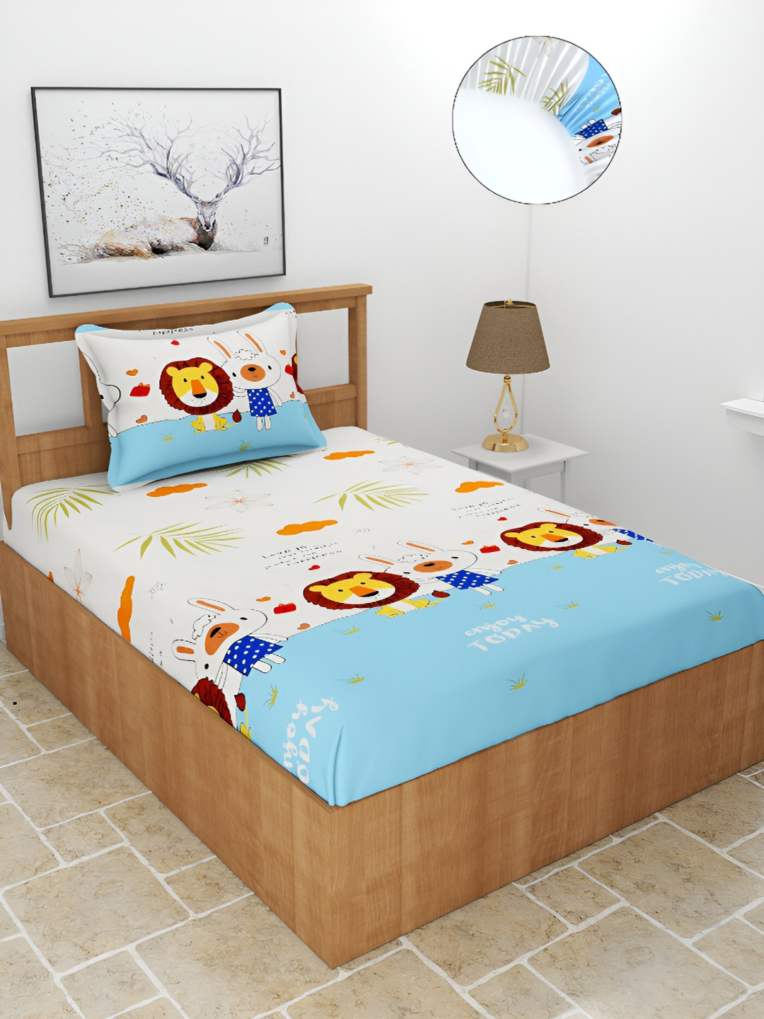 BREVARD White Cartoon Characters Polycotton 210 TC Fitted Single Fine Bedsheet with a Pillow Cover-72 x 36 inches
