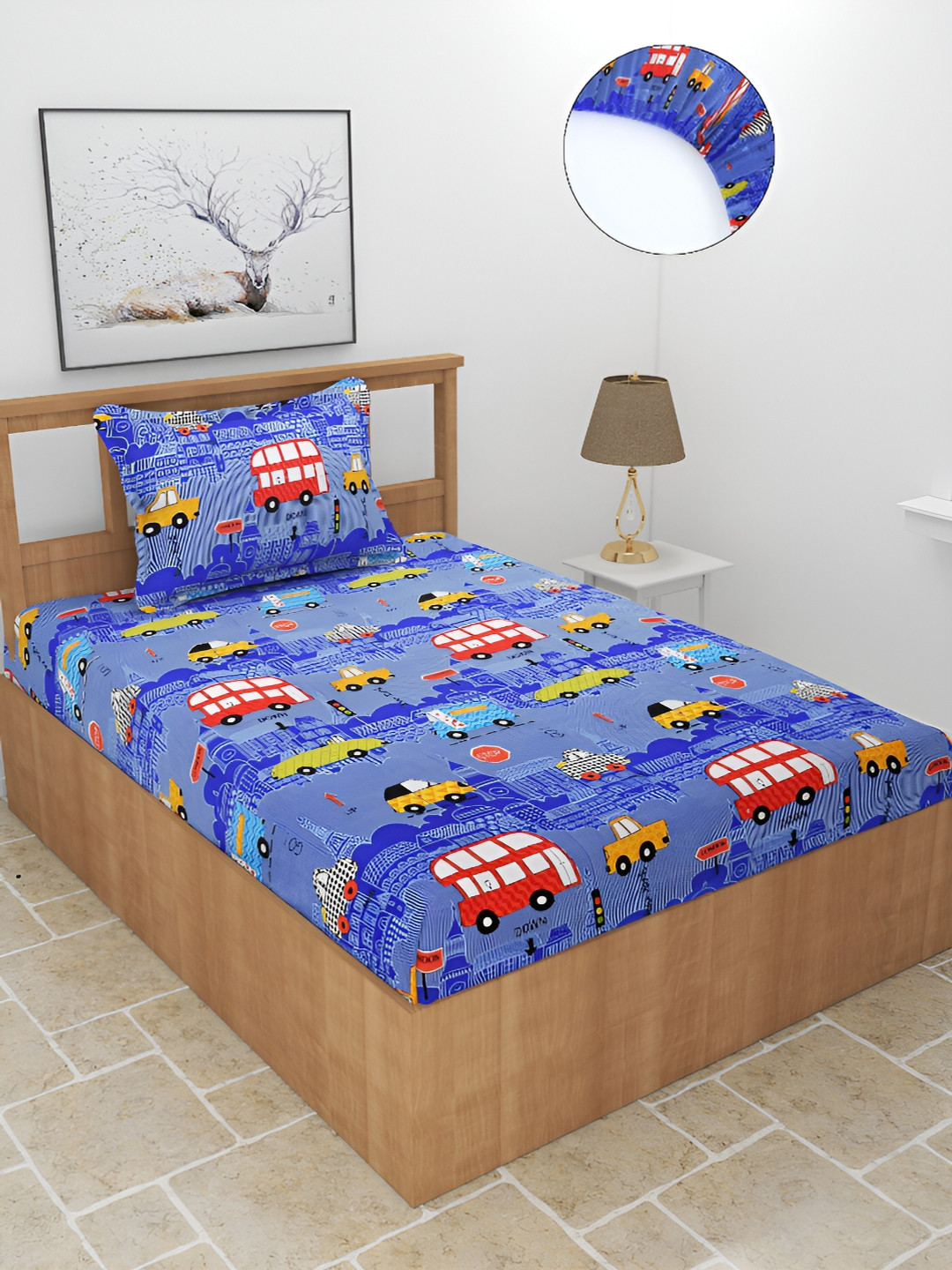 BREVARD Kidze Blue Conversational Polycotton 210 TC Fitted Single Bedsheet with a Pillow Cover-182 x 91 cm