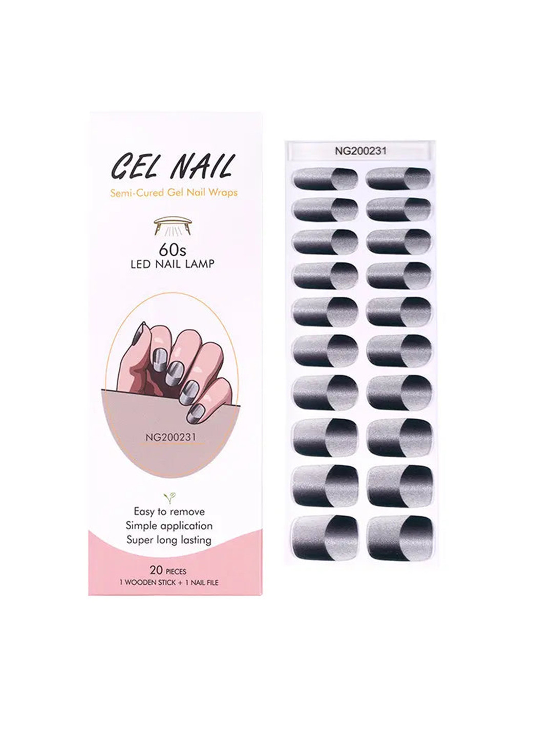 FEELHIGH 20Pcs Semi Cured Gel Nail Polish Strips - Grey & Black NG200231