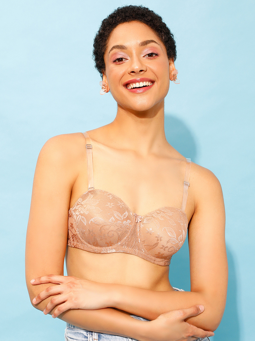 Clovia Beige Floral Self Design Half Coverage Bandeau Bra With All Day Comfort