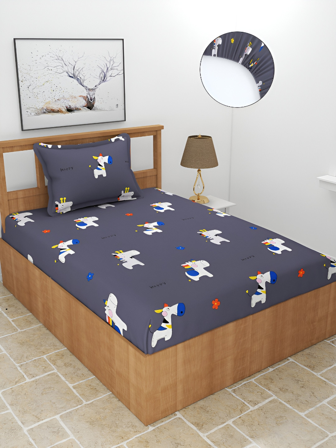 BREVARD Grey White Poly cotton  180 TC Single Bedsheet with 1 Pillow Covers