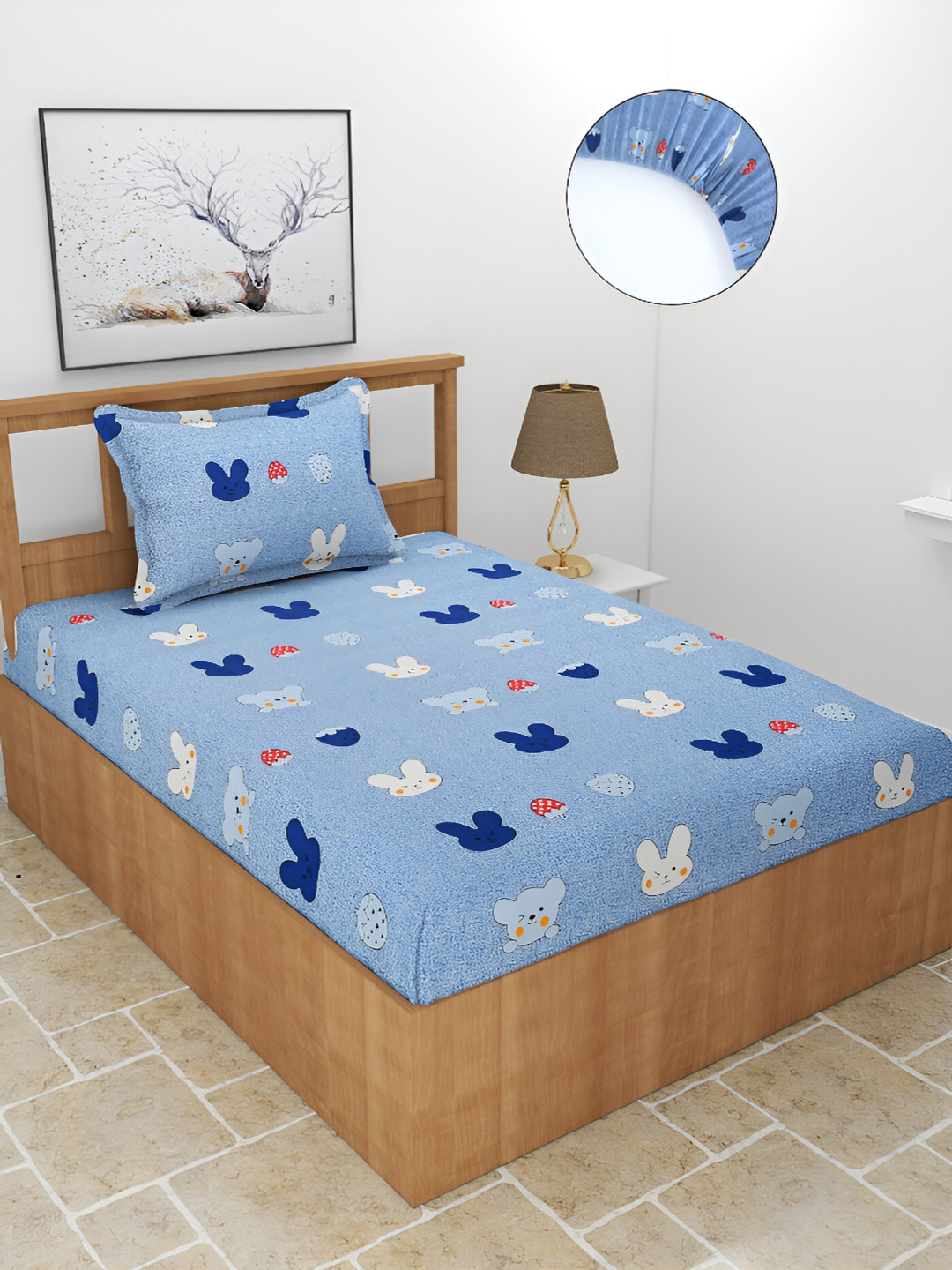 BREVARD Casem Blue Conversational Cotton 210 TC Fitted Single Fine Bedsheet with a Pillow Cover-182 x 91 x 20 cm