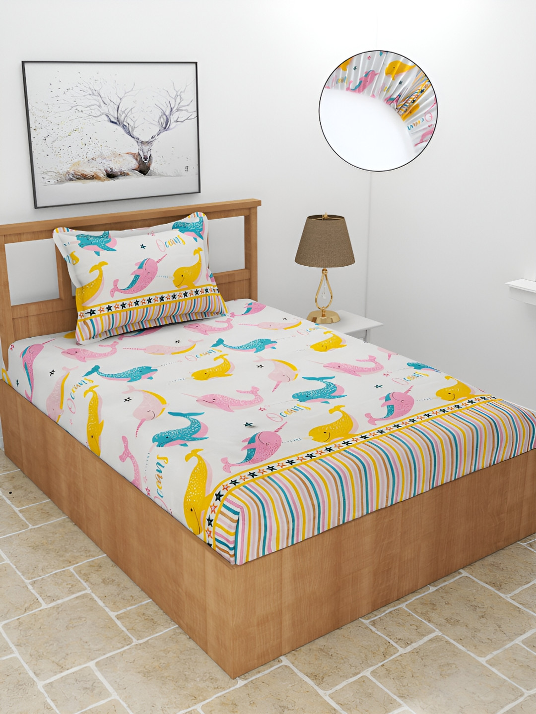BREVARD Fitted_Sbs_Kidze Off White Conversational Polycotton 210 TC Fitted Single Fine Bedsheet with a Pillow Cover-59 x 87 inches