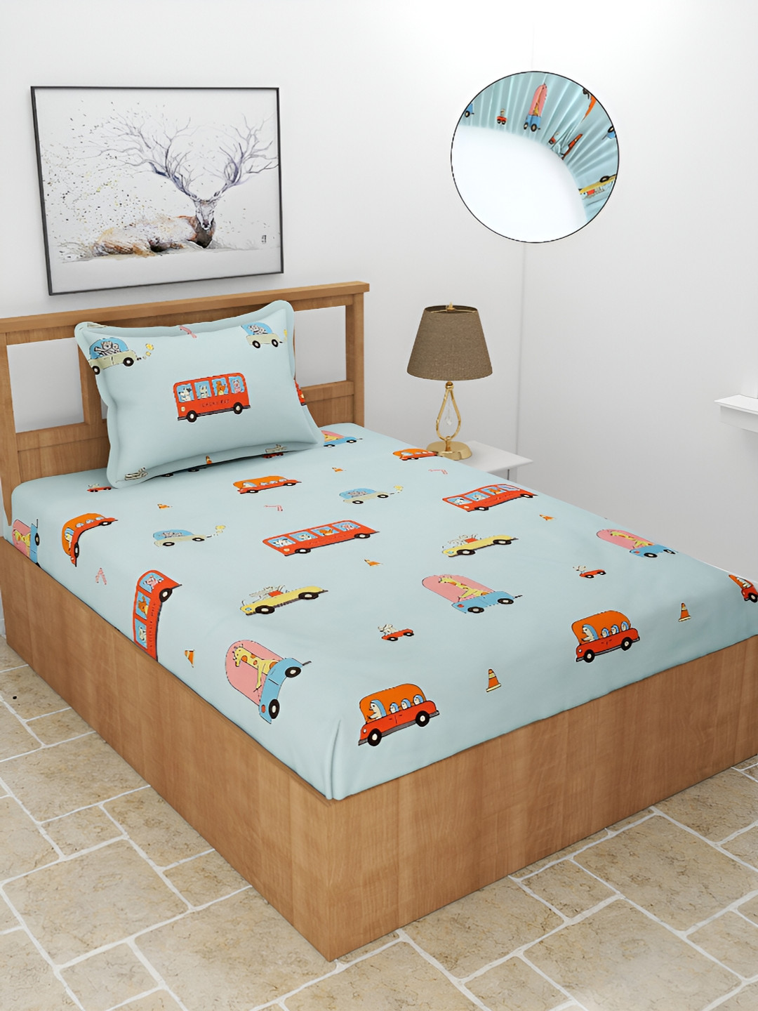 BREVARD Flat_Tina_Sbs Blue Conversational Polycotton 180 TC Fitted Single Fine Bedsheet with a Pillow Cover-182 x 91 x 20 cm