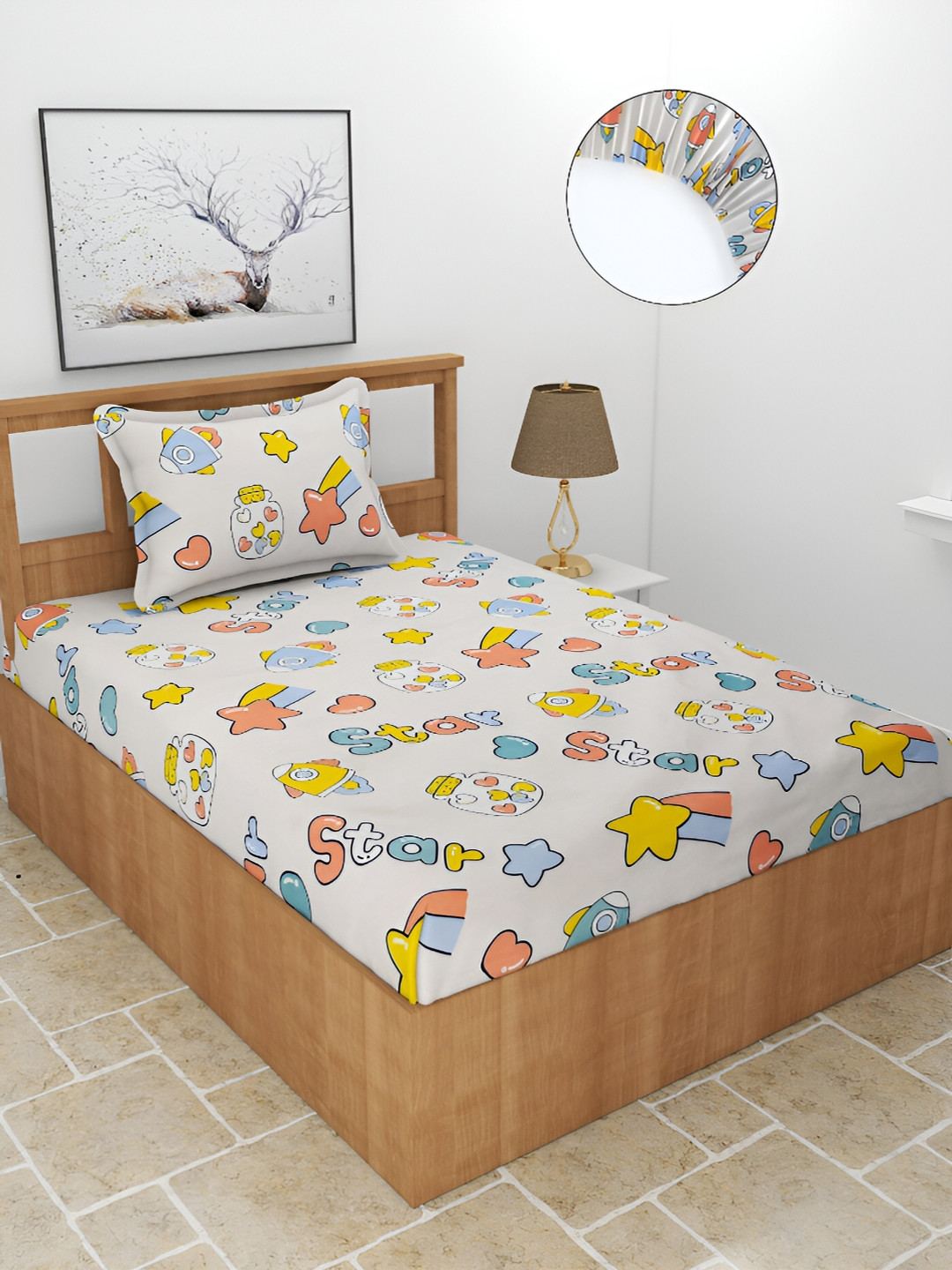 BREVARD Fitted_Sbs_Kidze Off White Typography Polycotton 210 TC Fitted Single Fine Bedsheet with a Pillow Cover-87 x 93 inches
