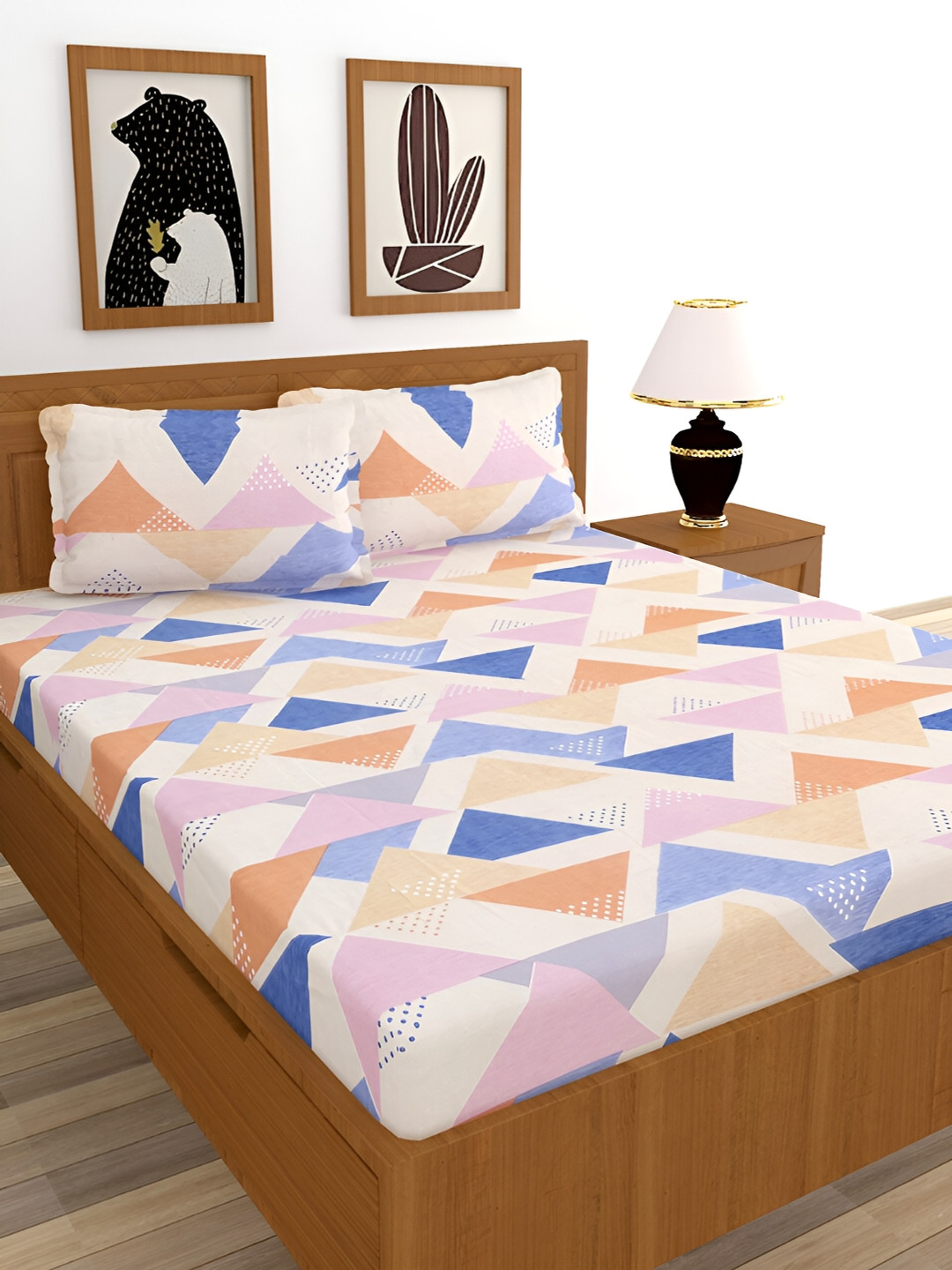 BREVARD Saffron Beige Geometric Polycotton 210 TC King Fine Bedsheet with 2 Pillow Covers-108 x 108 inches