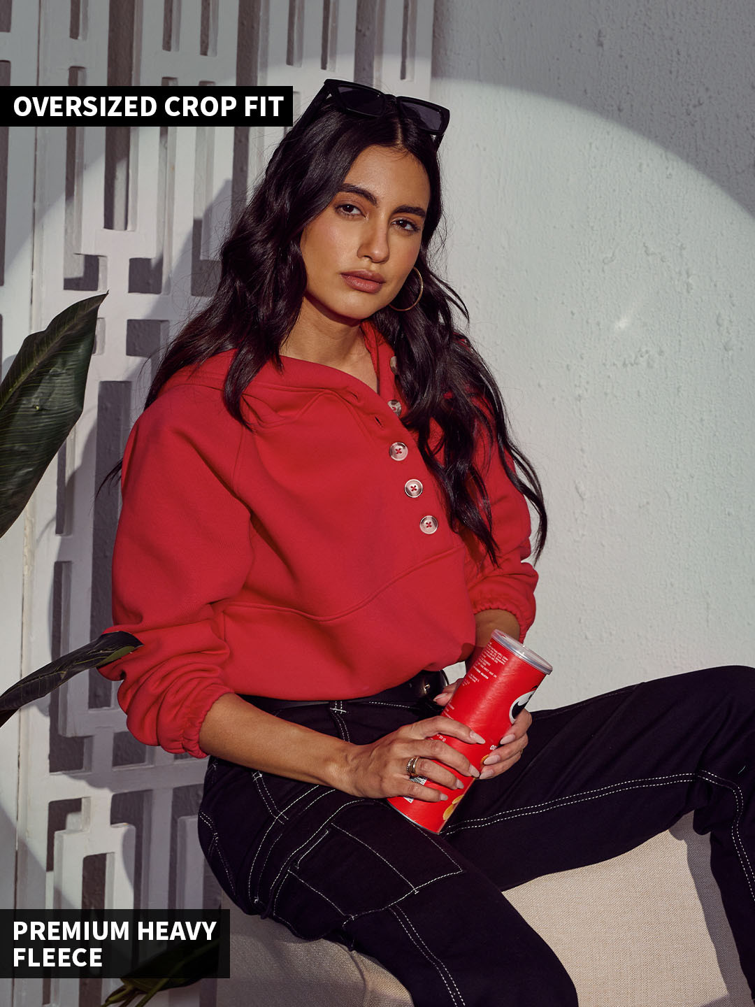 The Souled Store Red Hooded Crop Pullover