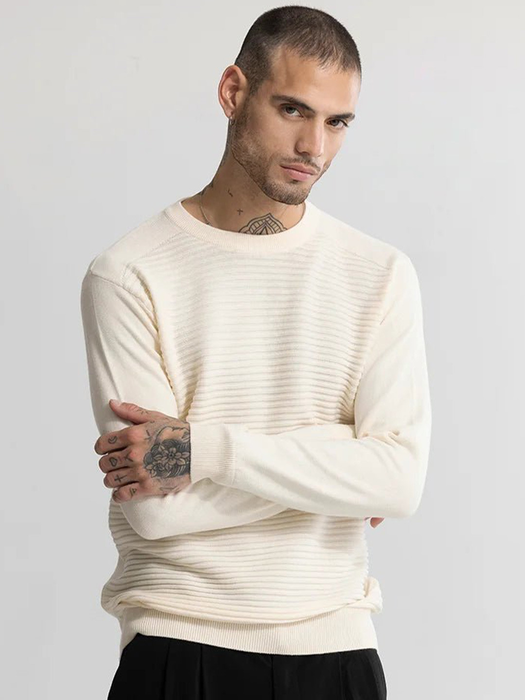 Snitch Cream Coloured Striped Round Neck Pure Cotton Sweatshirt