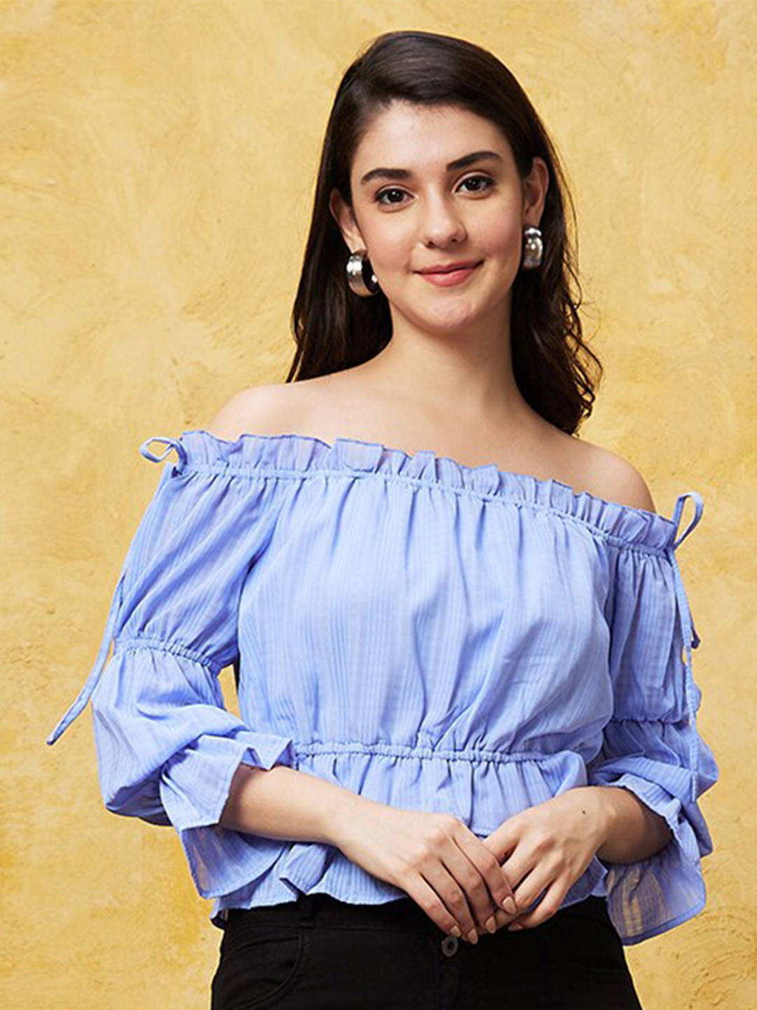 Globus Blue Off shoulder Bell Sleeve Ruffles Bardot Top