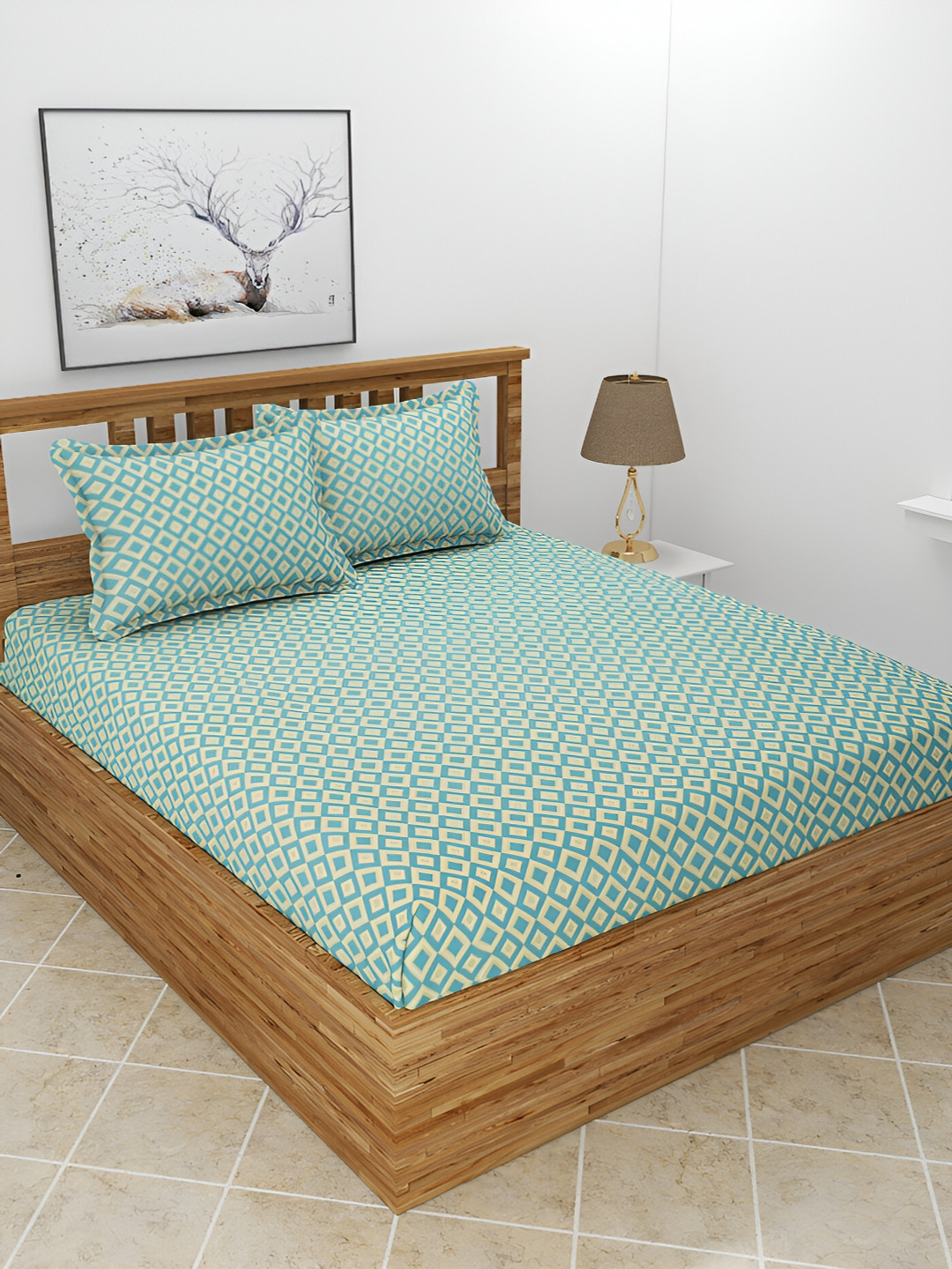 BREVARD Flat_Maple Green Geometric Polycotton 210 TC Queen Fine Bedsheet with 2 Pillow Covers-100 x 90 inches