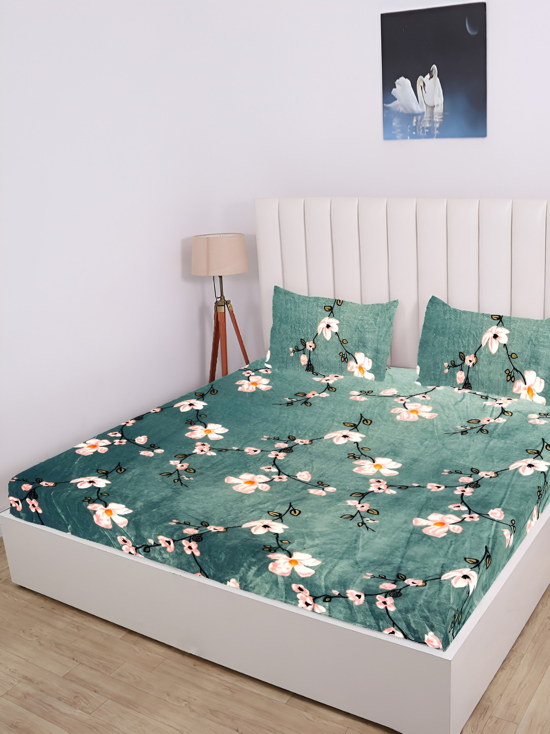RD TREND Sea Green Floral Polyester 210 TC Fitted King Fine Bedsheet with 2 Pillow Covers-72 x 78 inches