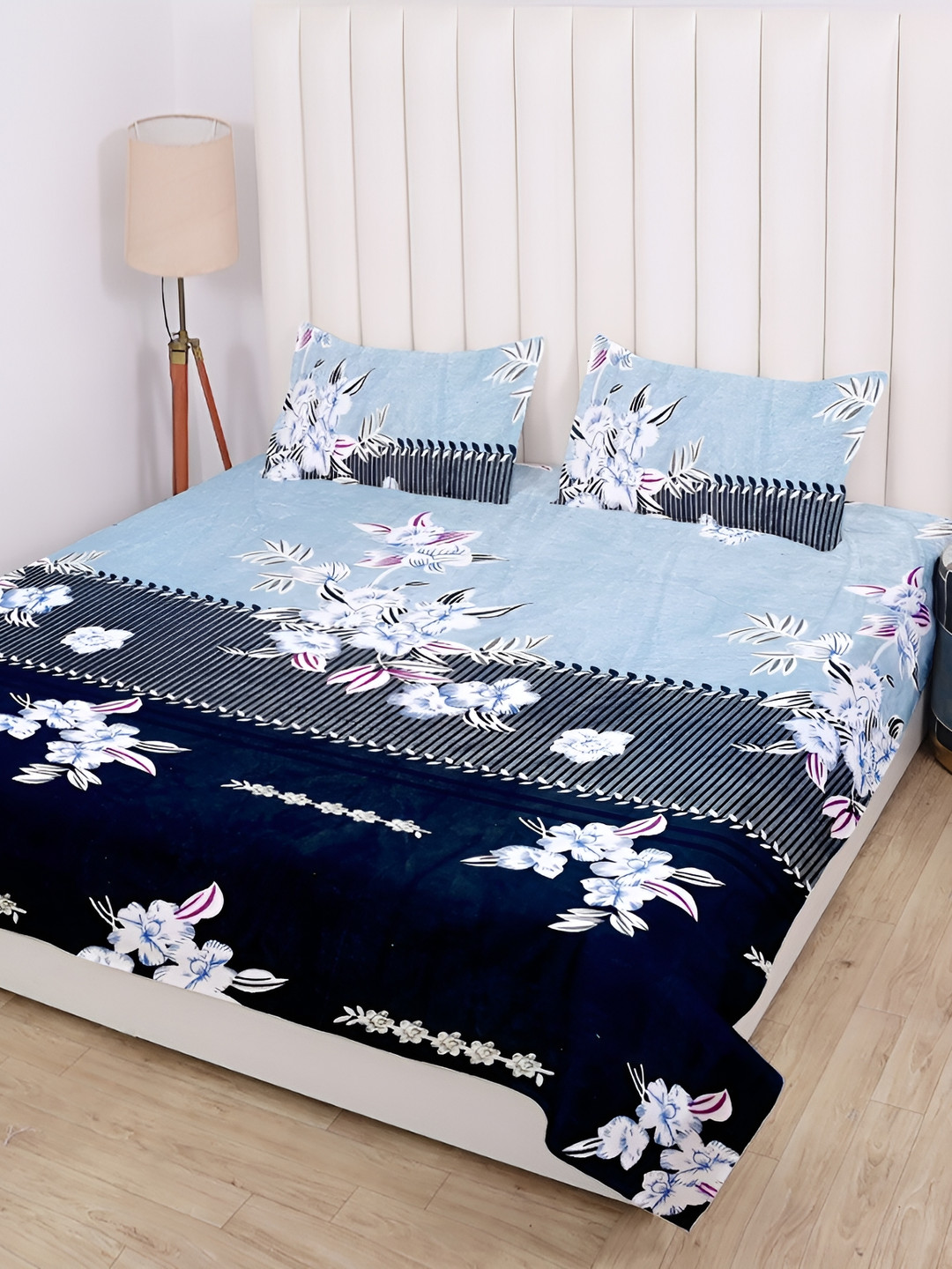 RD TREND Blue Floral Polyester 210 TC King Superfine Bedsheet with 2 Pillow Covers-90 x 100 inches