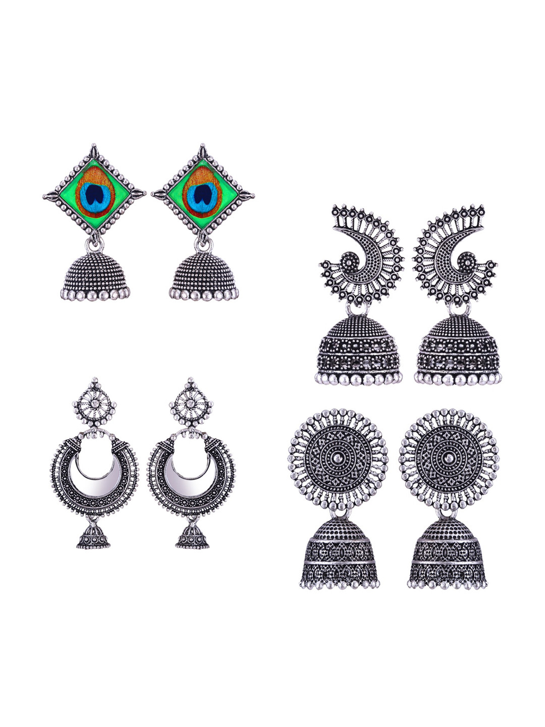MEENAZ Set Of 4 Stainless Steel Silver-Plated Peacock Design Jhumkas