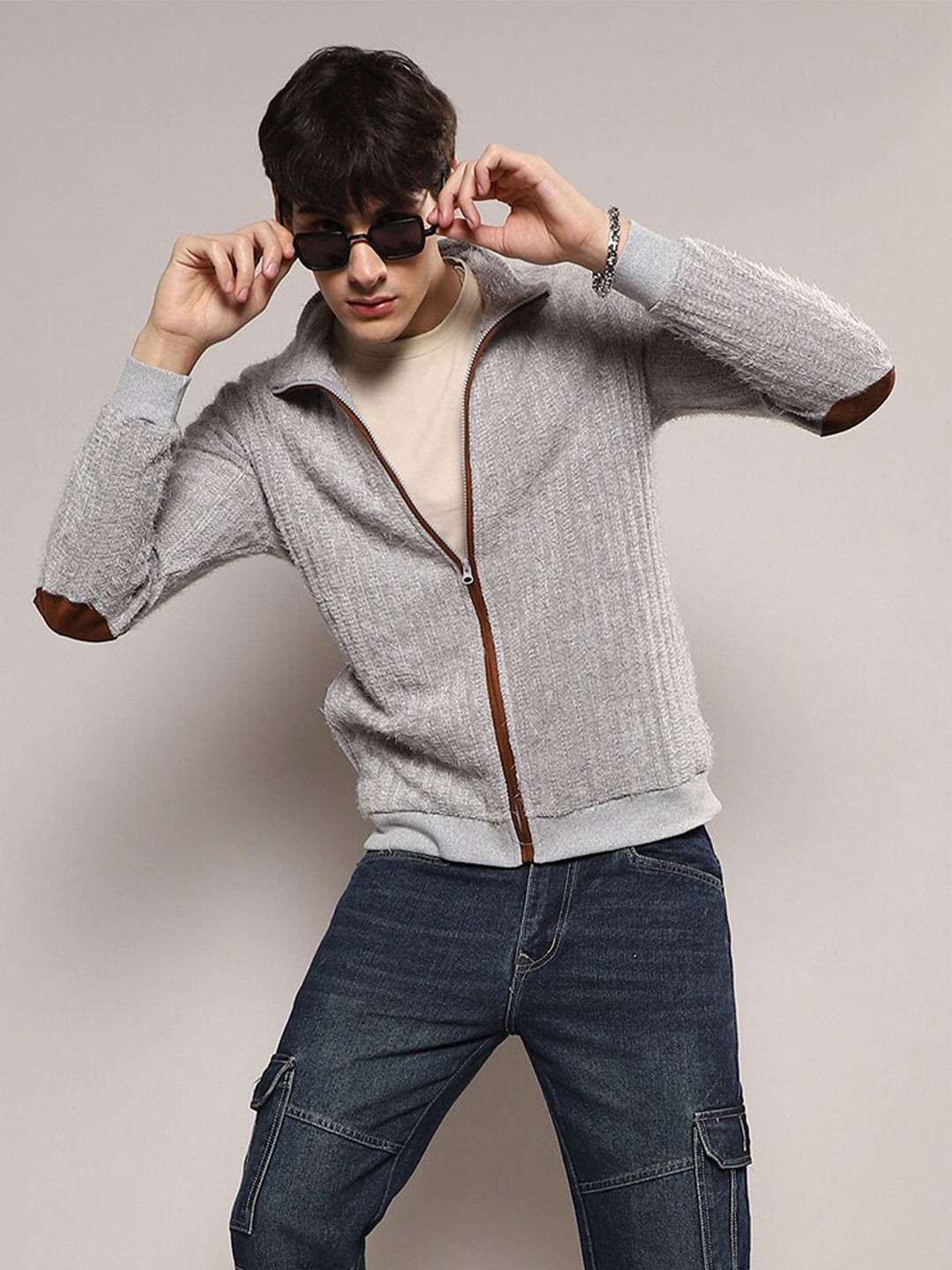 CAHOOT Ribbed Mock Collar Cotton Front-Open Sweater