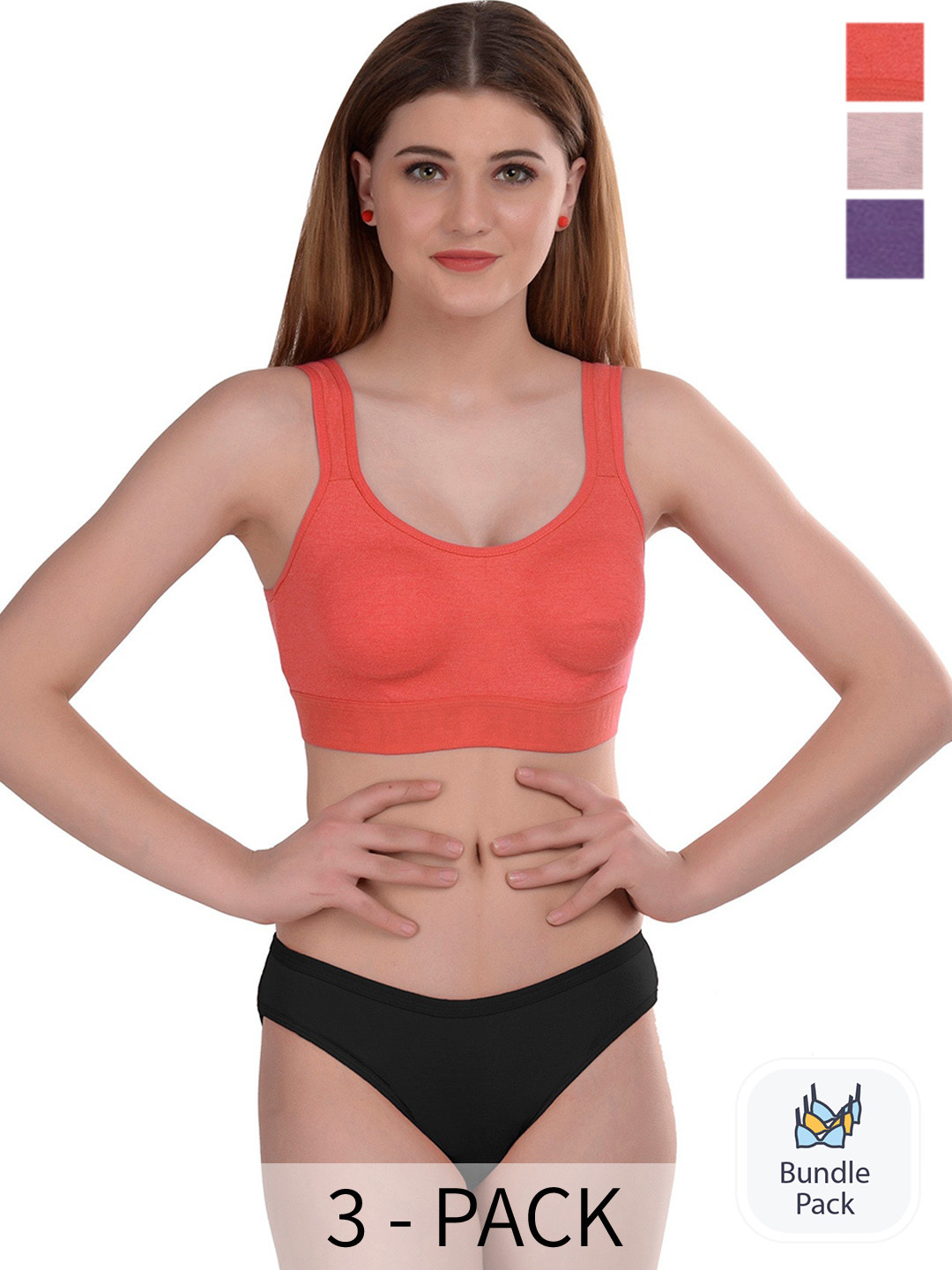 PIBU Pack Of 3 Cotton Bras With Briefs