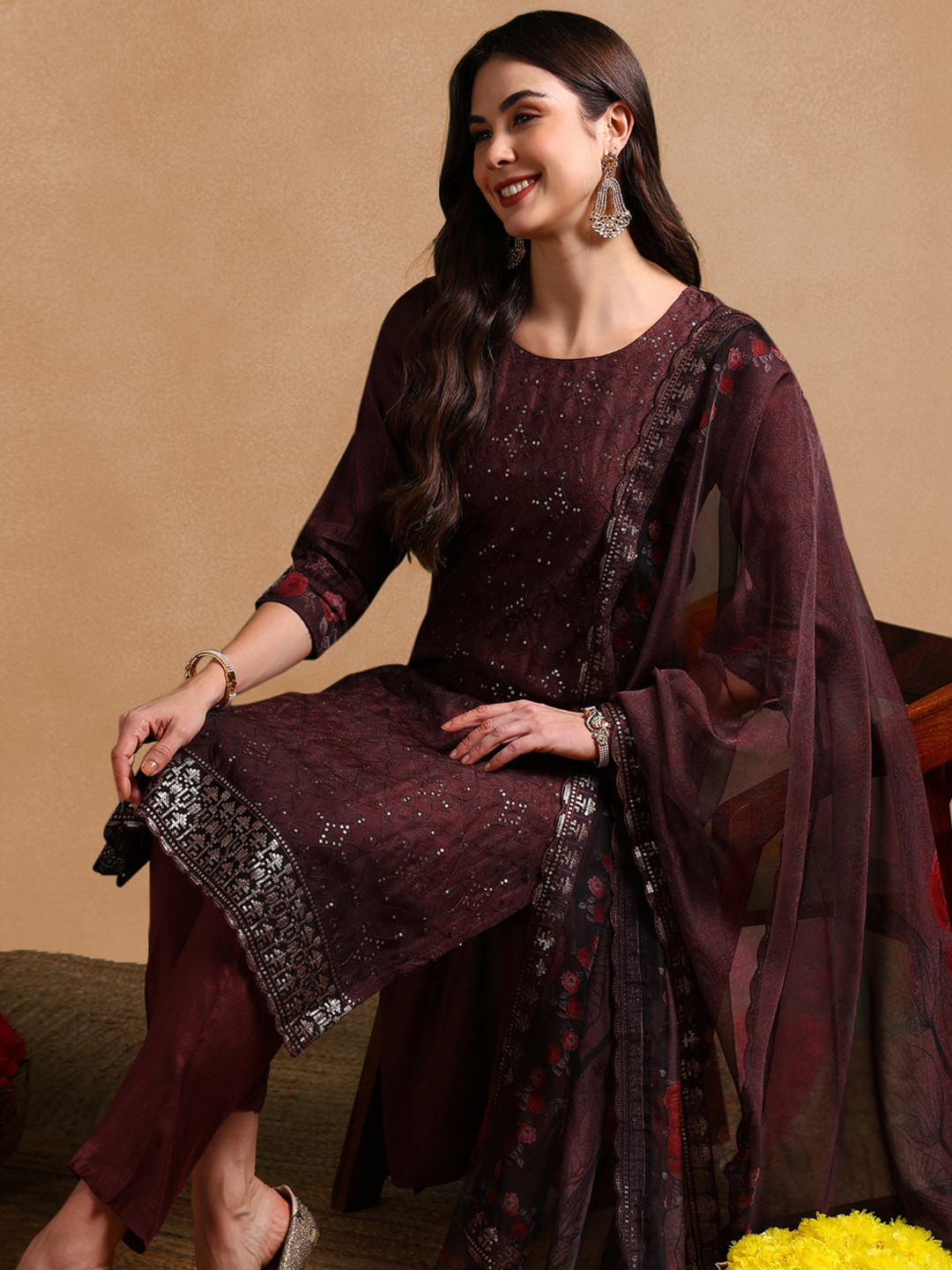 AHIKA Ethnic Motifs Embroidered Sequinned Organza Kurta with Trousers & Dupatta