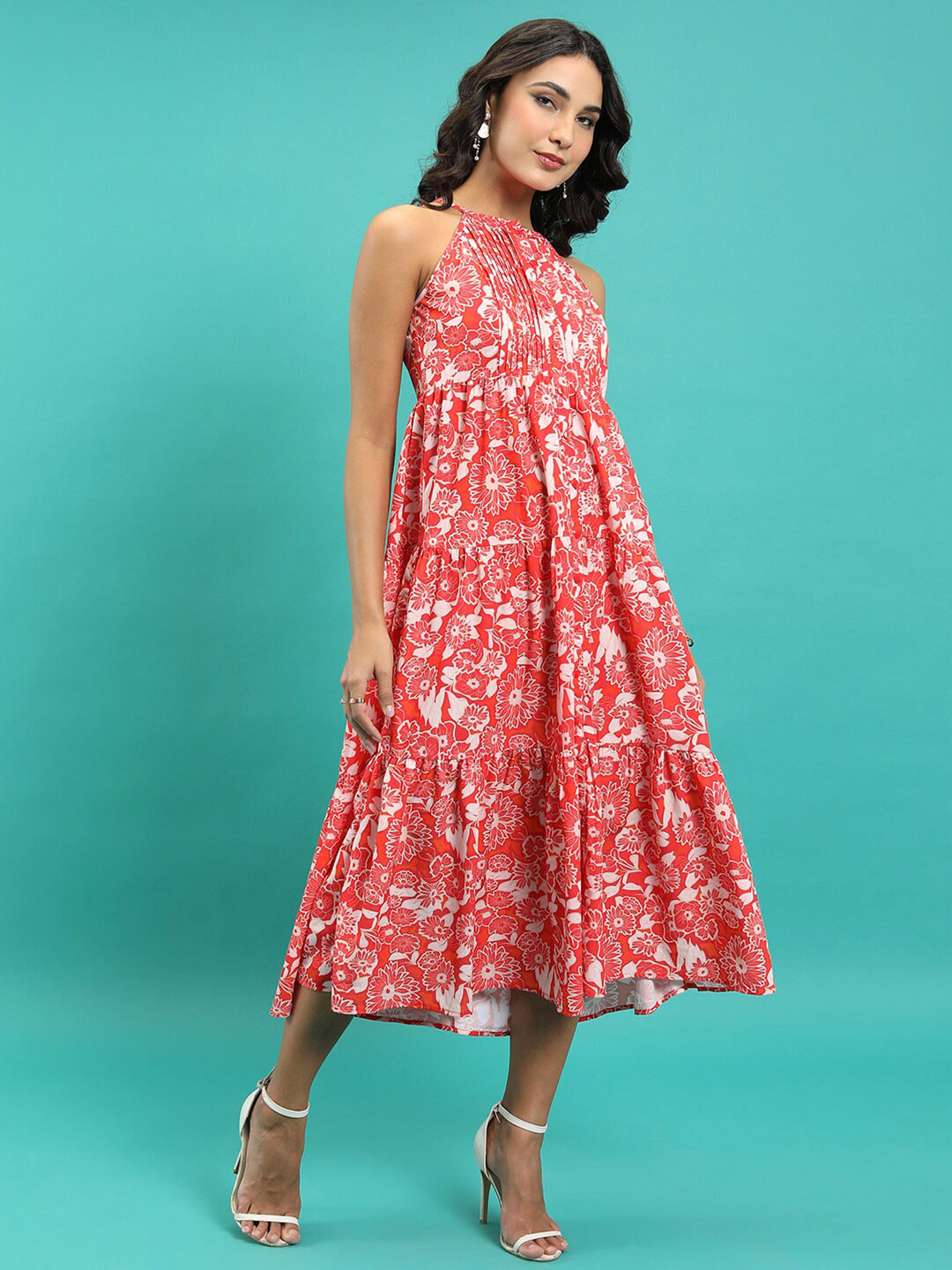 Tokyo Talkies Red & White Floral Print Empire Midi Tiered Fit and Flare Dress