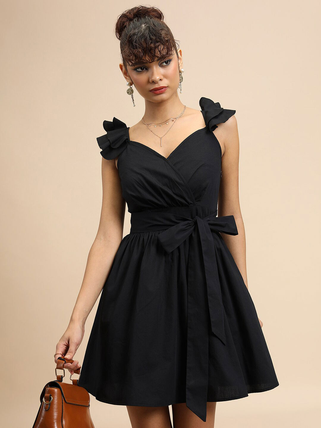 Tokyo Talkies Black Pleated Ruffled Tie Up Fit & Flare Dress