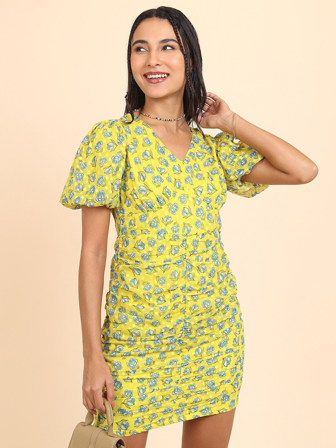 Tokyo Talkies Yellow Floral Printed Ruched Bodycon Dress