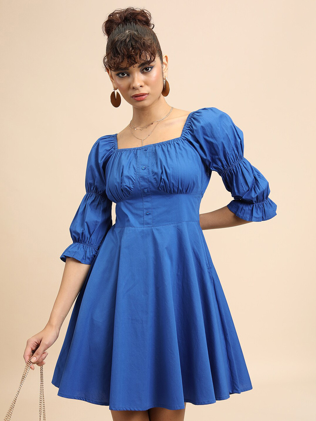 Tokyo Talkies Blue Square Neck Puff Sleeves Gathered Detailed Cotton Fit & Flare Dress