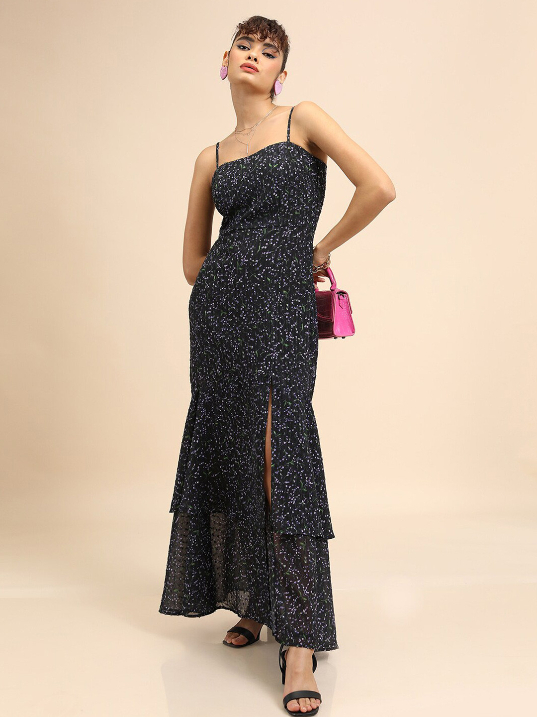 Tokyo Talkies Black Floral Printed Shoulder Straps Ruffles Maxi Dress