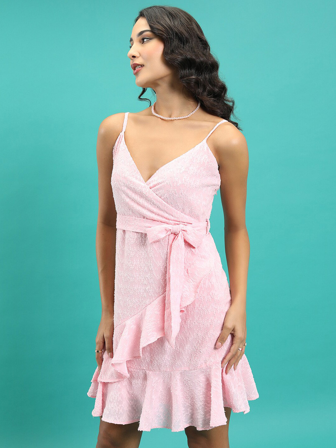 Tokyo Talkies Pink Self Design Shoulder Straps Ruffles Wrap Dress