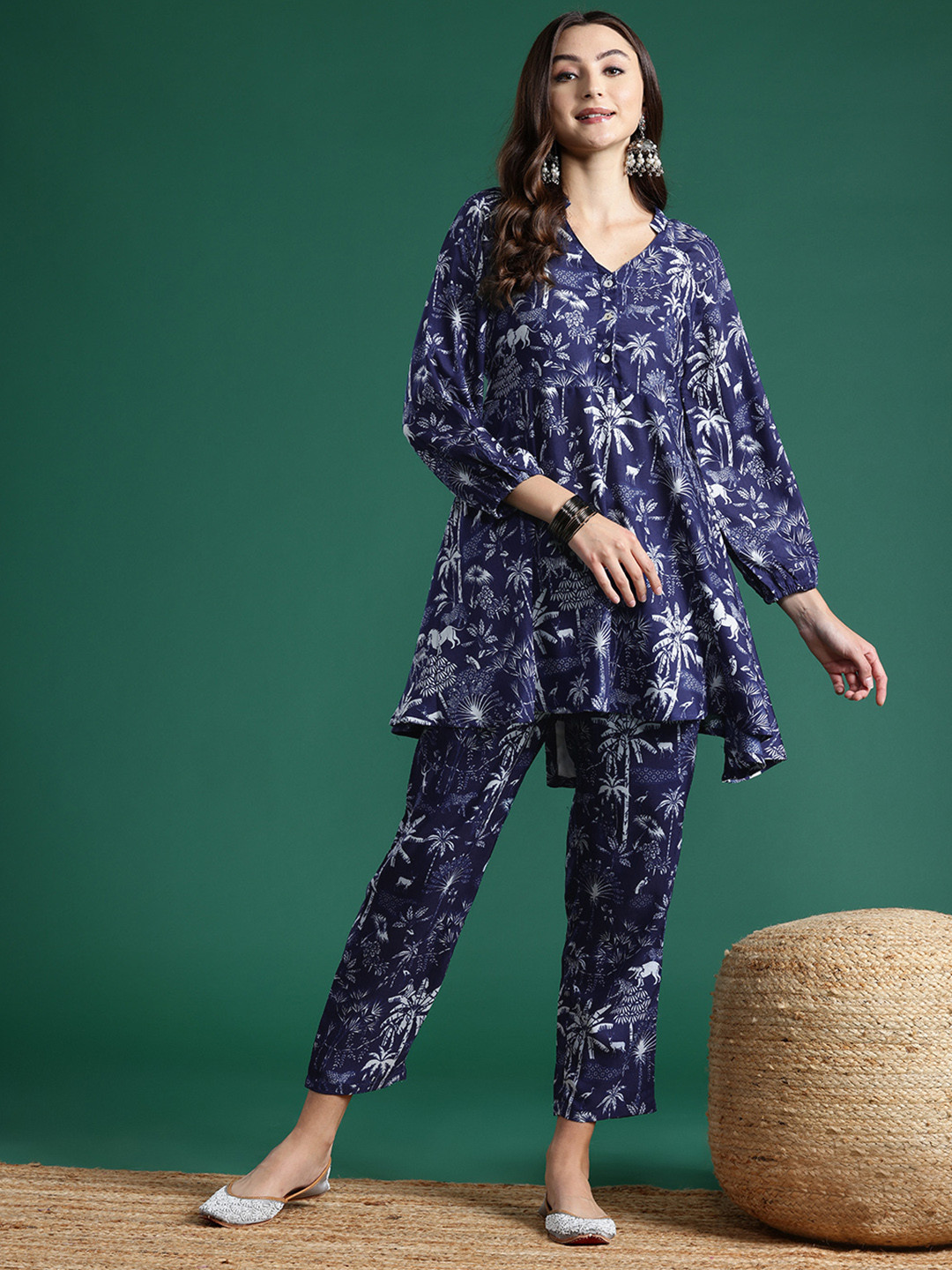 Sangria Floral Print Tie-Up Kurta with Trousers
