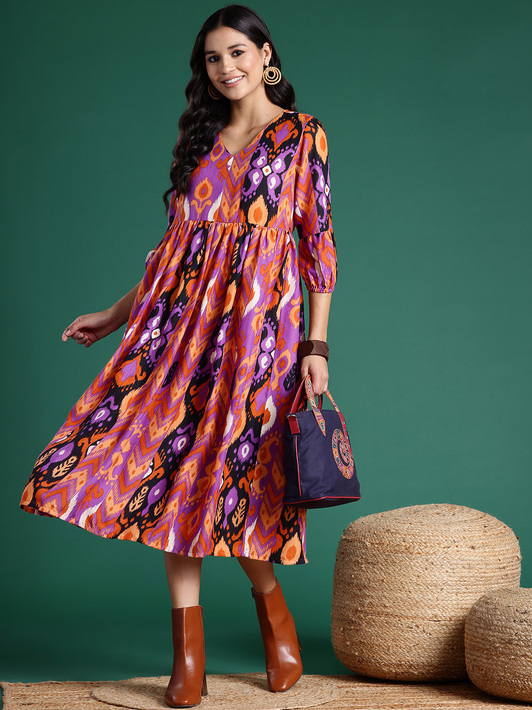 Sangria Ethnic Print A-Line Midi Ethnic Dress