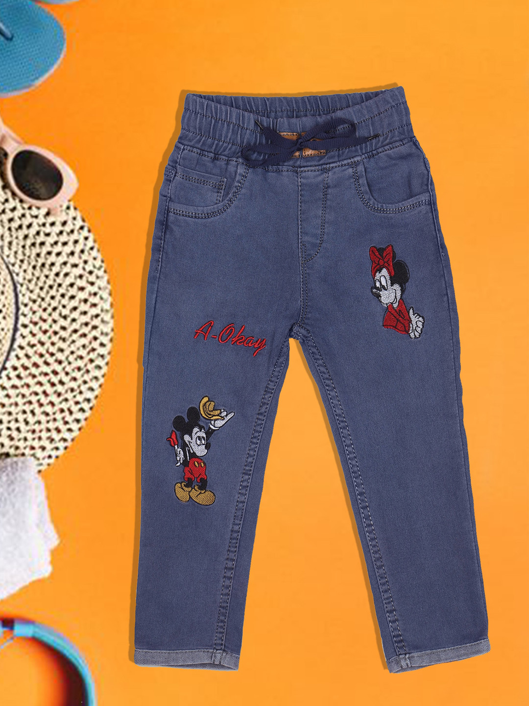 A-Okay Boys Minnie & Mickey Mouse Embroidered Slim Fit High Rise Easy Wash Denim Trousers