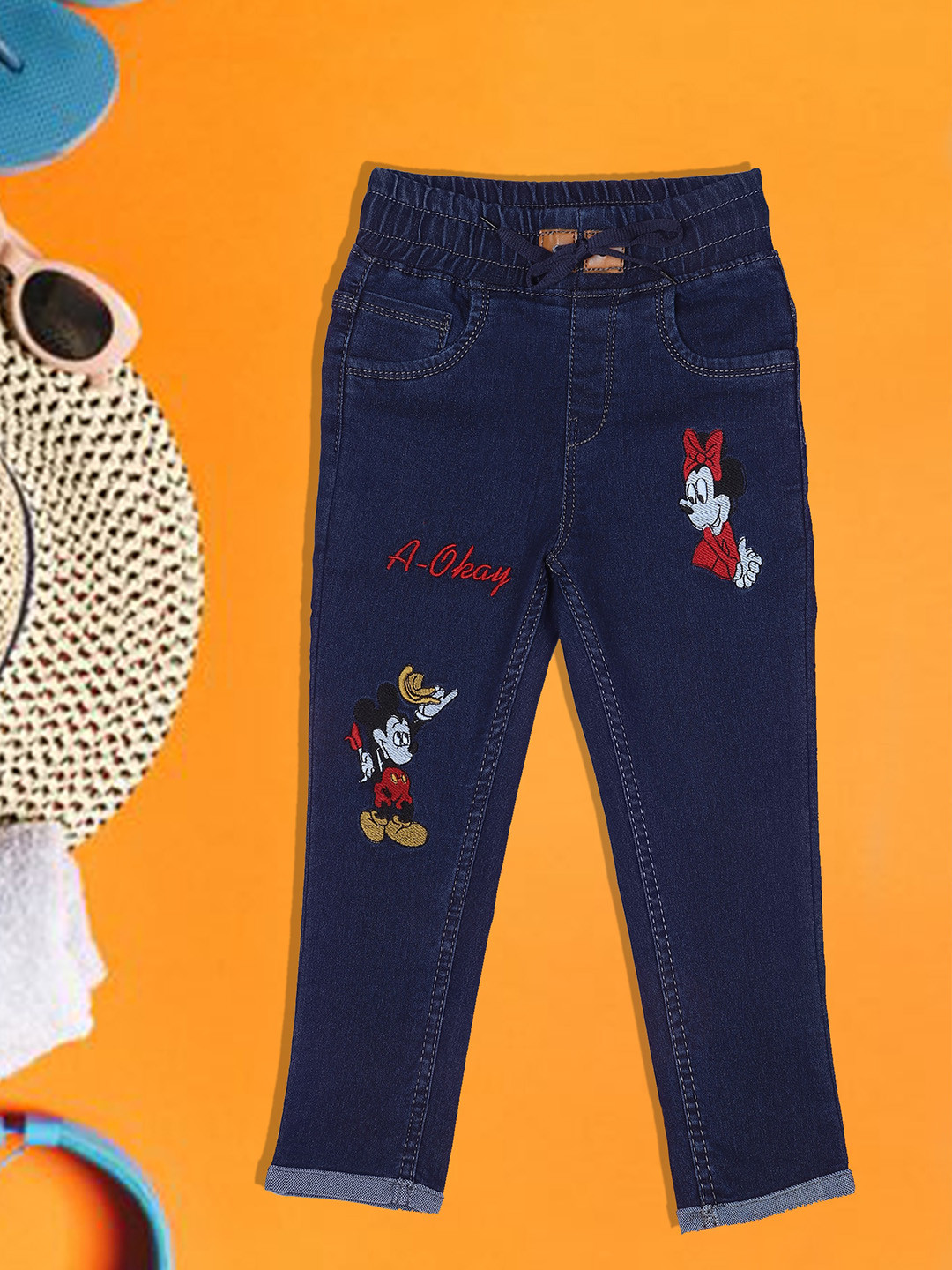 A-Okay Kids Minnie & Mickey Mouse Embroidered Slim Fit High Rise Easy Wash Denim Trousers