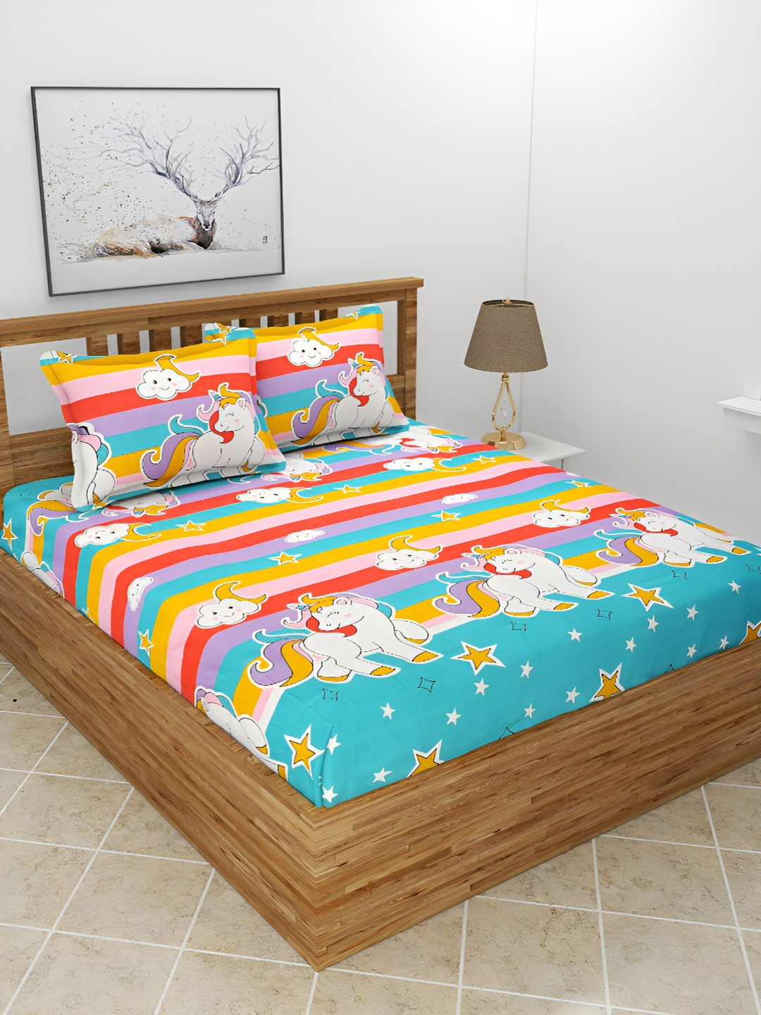 BREVARD Teen Blue Conversational Polycotton 210 TC Queen Fine Bedsheet with 2 Pillow Covers-90 x 100 inches