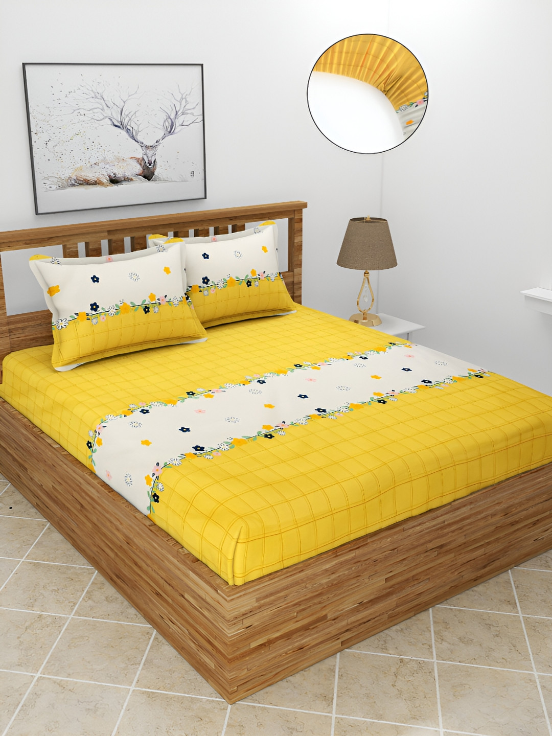 BREVARD Hermosa Yellow Floral Polycotton 210 TC Fitted Queen Fine Bedsheet with 2 Pillow Covers-198 x 182 x 2cm