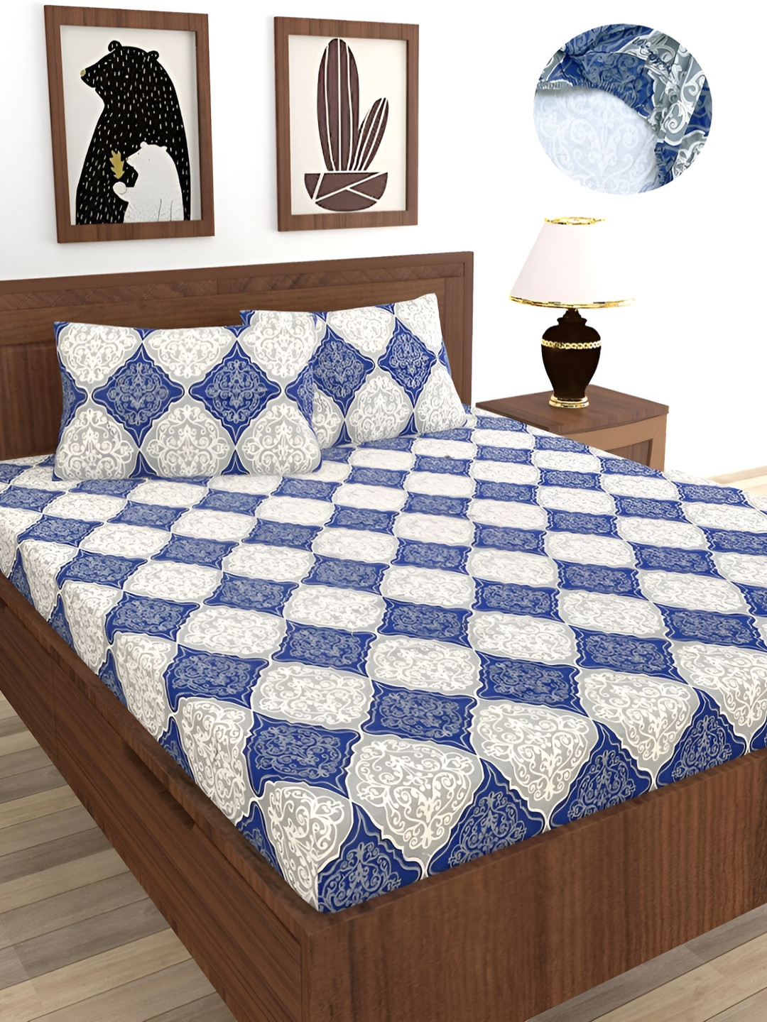 BREVARD Casem Blue Ethnic Motifs Cotton 210 TC Fitted Queen Fine Bedsheet with 2 Pillow Covers-198 x 182 x 200 cm