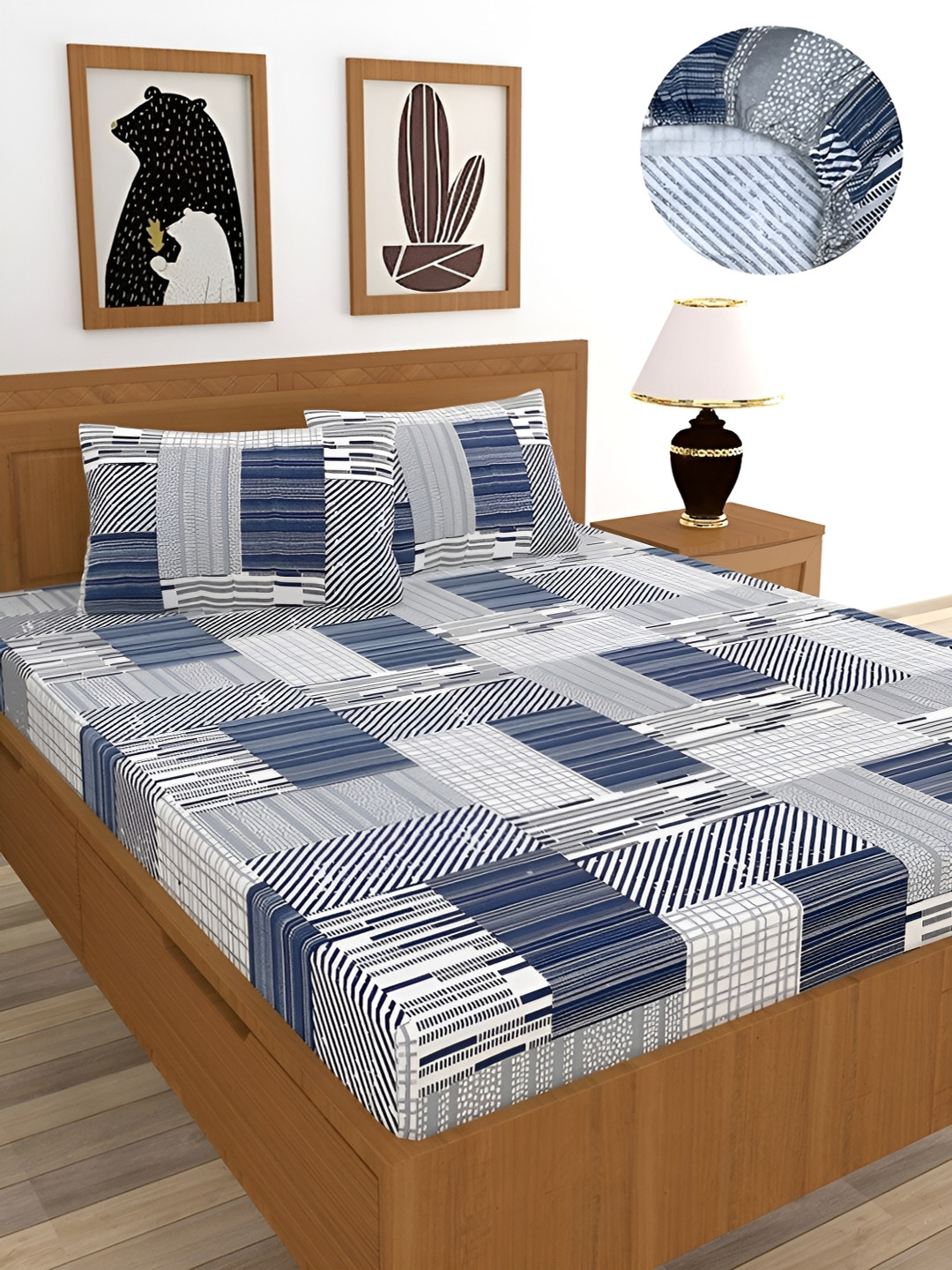 BREVARD Casem Navy Blue Geometric Cotton 210 TC Fitted Queen Fine Bedsheet with 2 Pillow Covers-78 x 72 inches