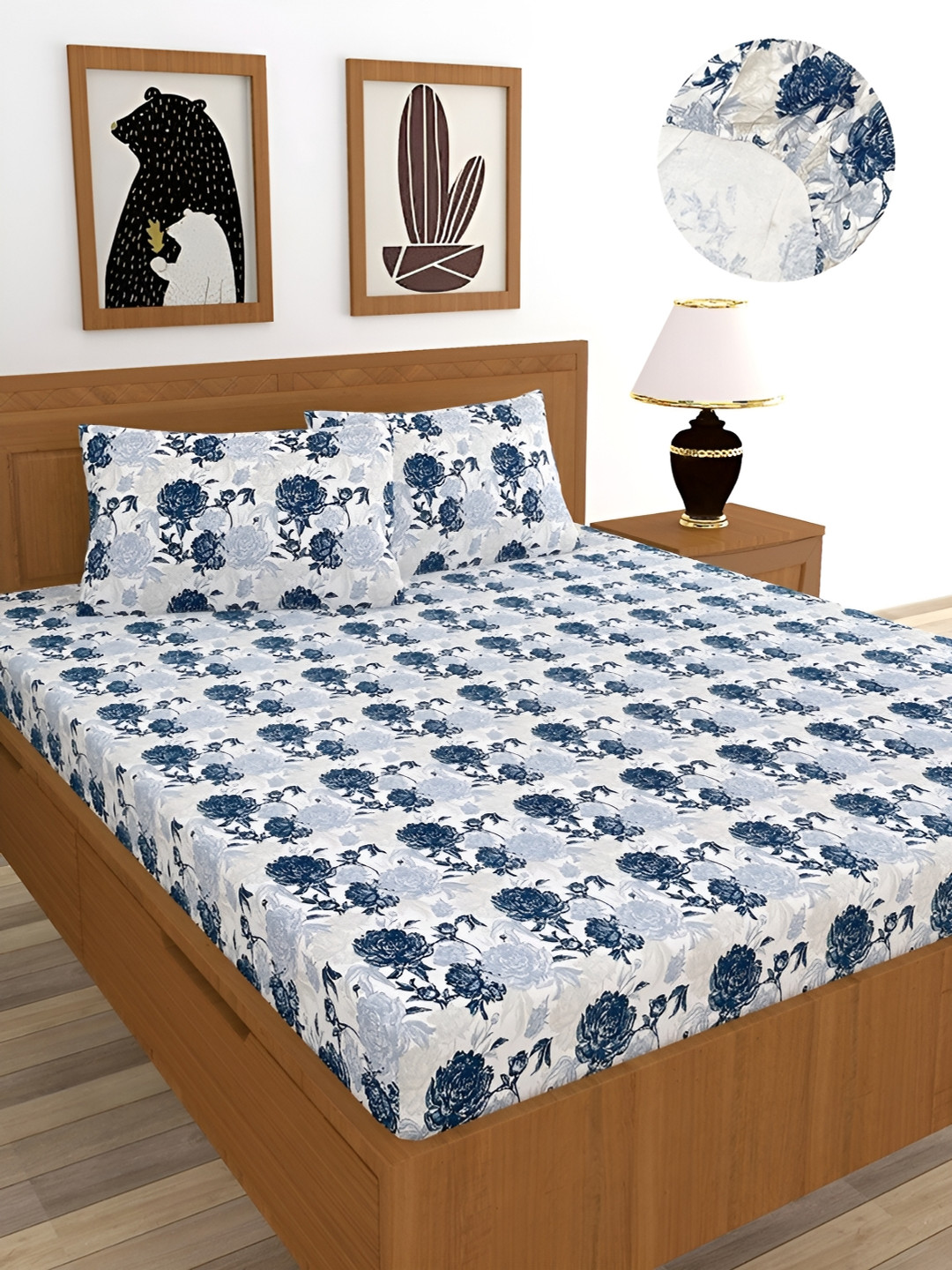 BREVARD Casem White Floral Cotton 210 TC Fitted Queen Fine Bedsheet with 2 Pillow Covers-78 x 72 inches
