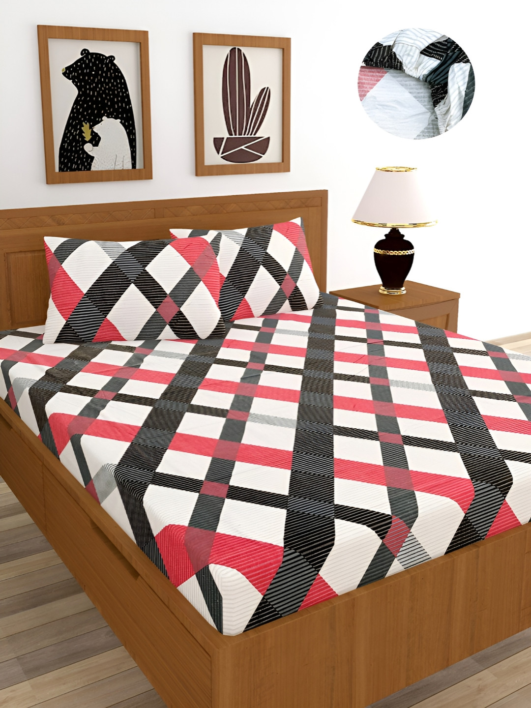 BREVARD Casem White Geometric Cotton 210 TC Fitted Queen Fine Bedsheet with 2 Pillow Covers-198 x 182 cm