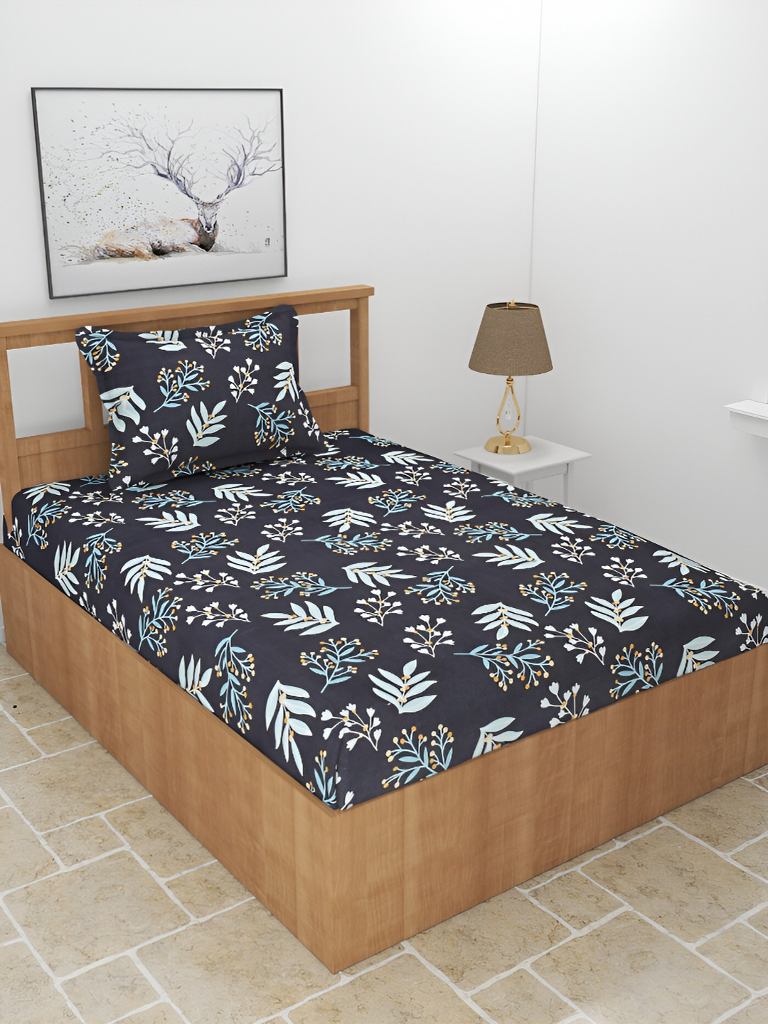 BREVARD Snowd_Dbs Black Leaf Polycotton 210 TC Single Fine Bedsheet with a Pillow Cover-90 x 60 inches