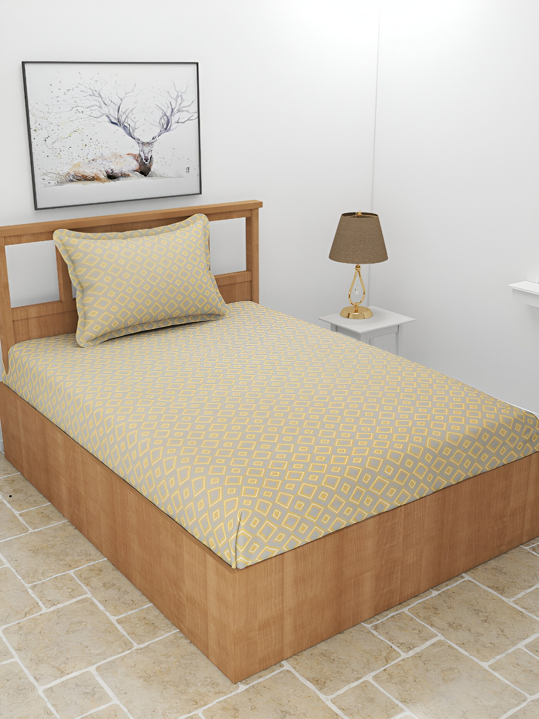 BREVARD Maple Beige Geometric Polycotton 210 TC Single Fine Bedsheet with a Pillow Cover-90 x 60 inches