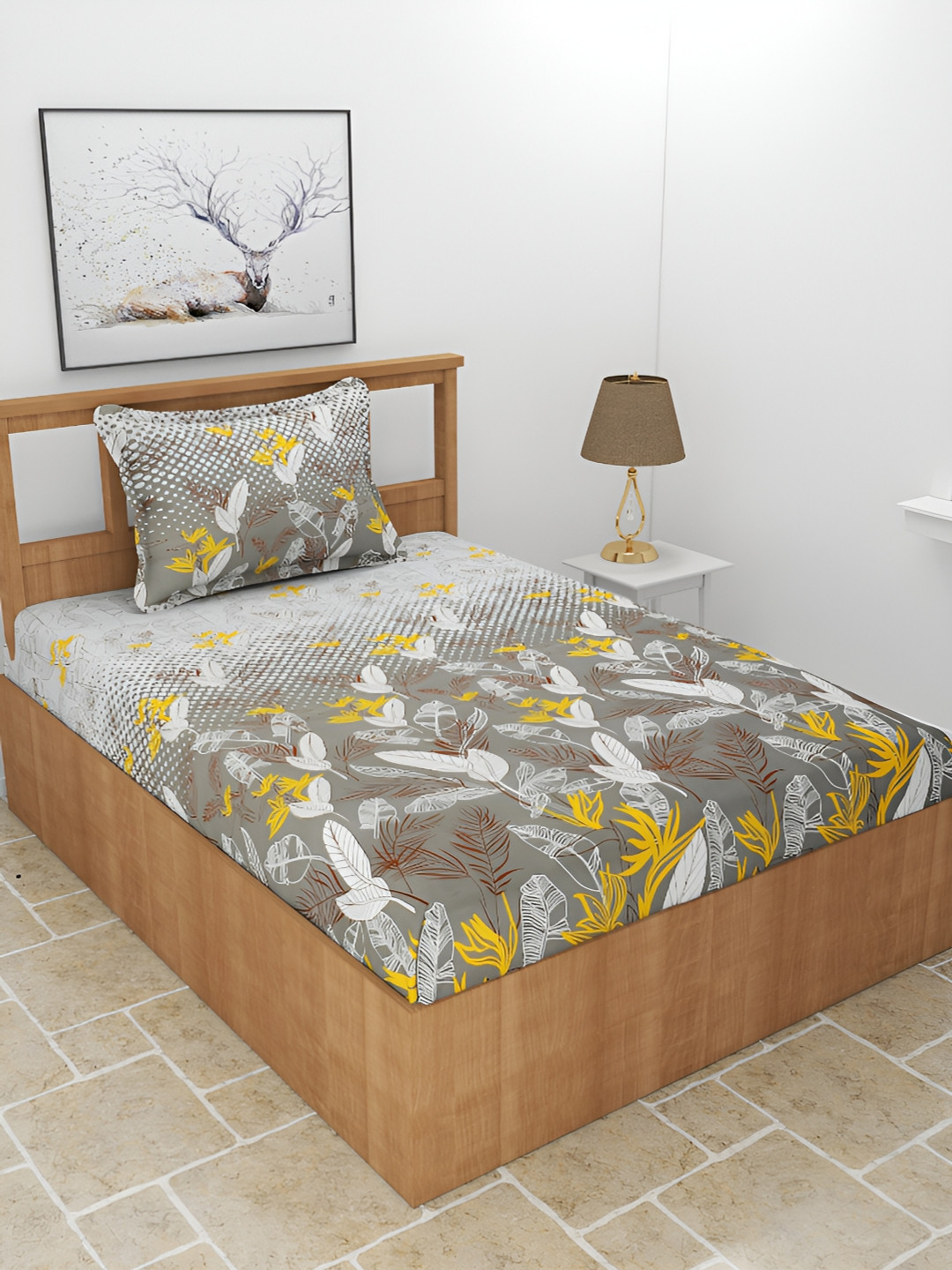 BREVARD Pankh Charcoal Leaf Polycotton 210 TC Single Fine Bedsheet with a Pillow Cover-72 x 36 inches