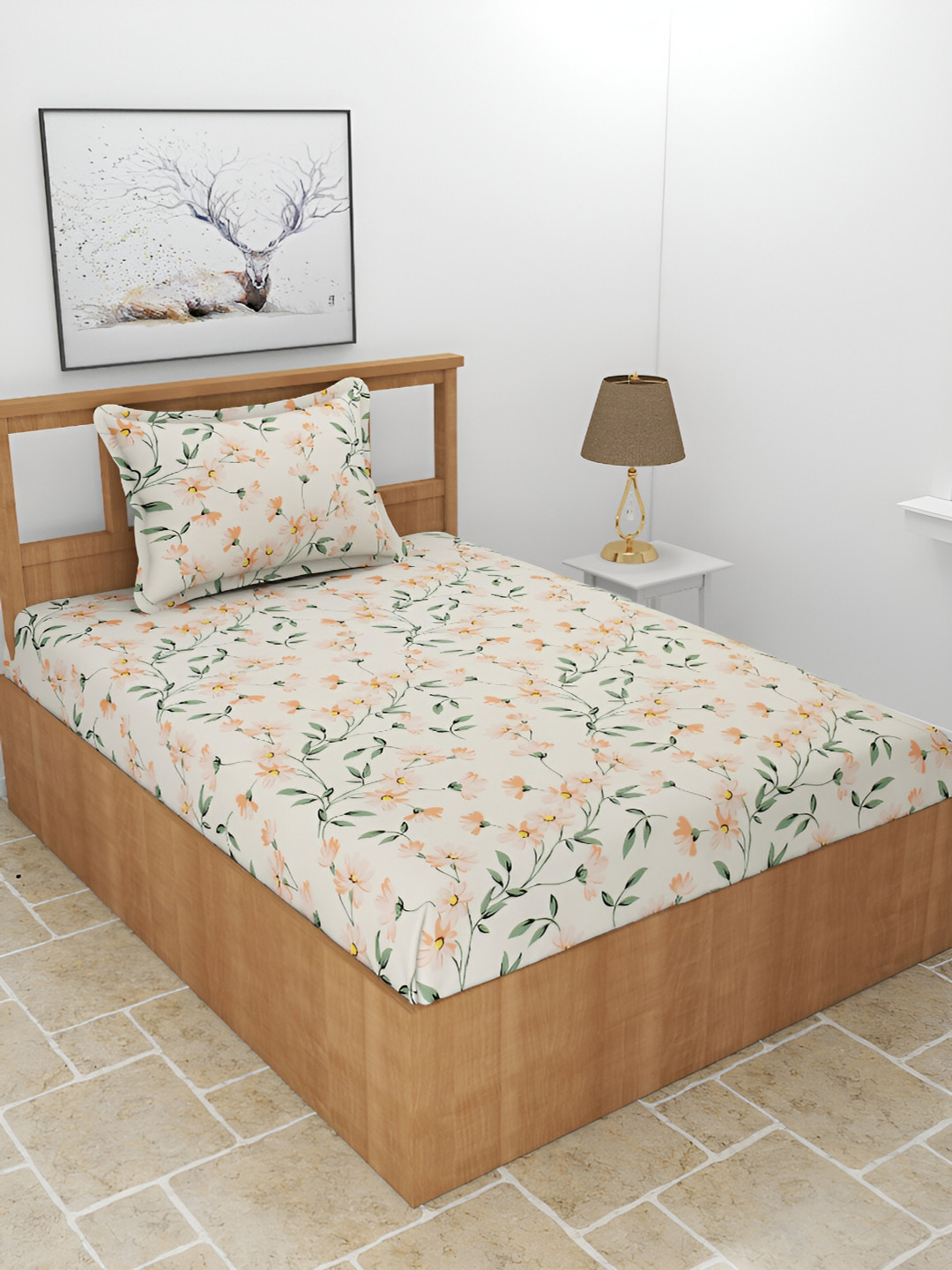 BREVARD Flat_Snowd_Sbs Cream Floral Polycotton 210 TC Single Fine Bedsheet with a Pillow Cover-90 x 60 inches