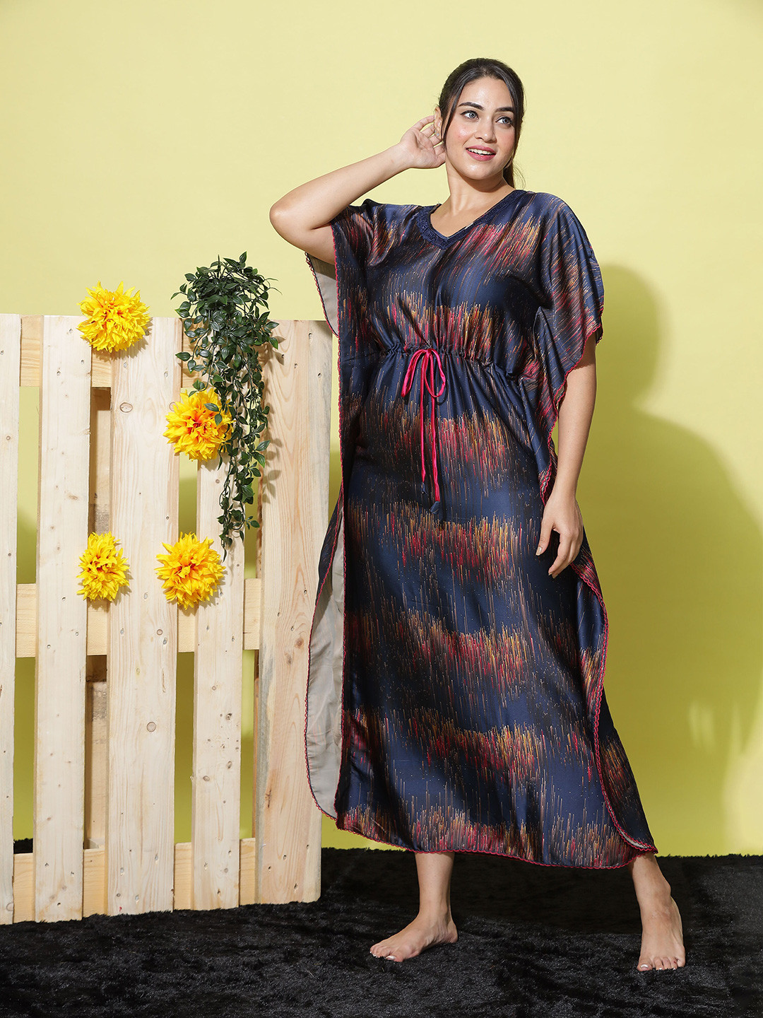 9shines Label Abstract Printed Maxi Satin Kaftan Nightdress