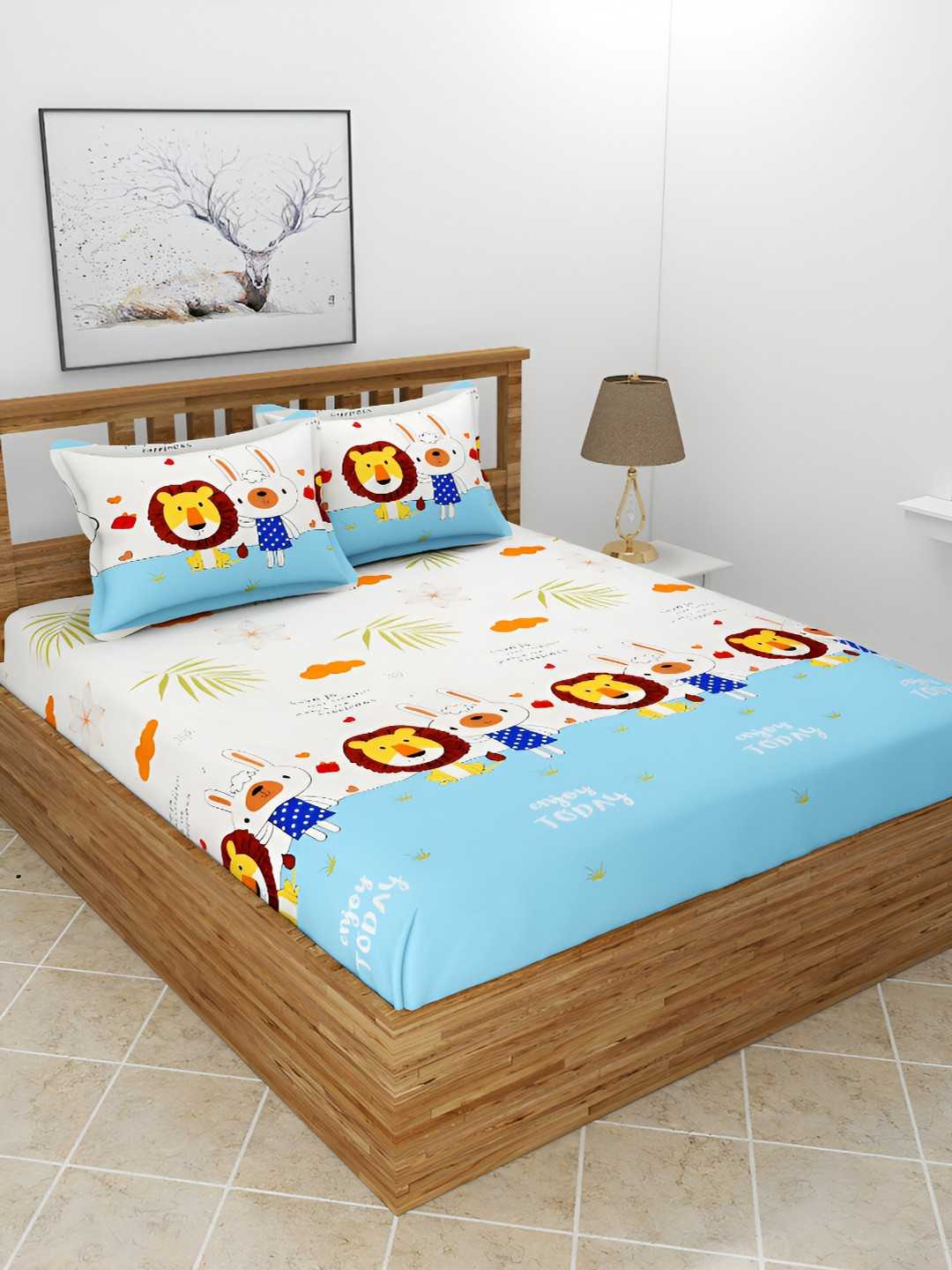 BREVARD Flat_Dbs_Kidze Blue Conversational Polycotton 210 TC Queen Fine Bedsheet with 2 Pillow Covers-100 x 90 inches